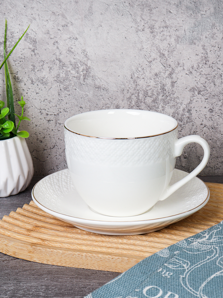 Чайная пара 230 мл PVC фактурный кант MS / GA7-12M 230 /уп 8/ костяной фарфор в подарочной упаковке