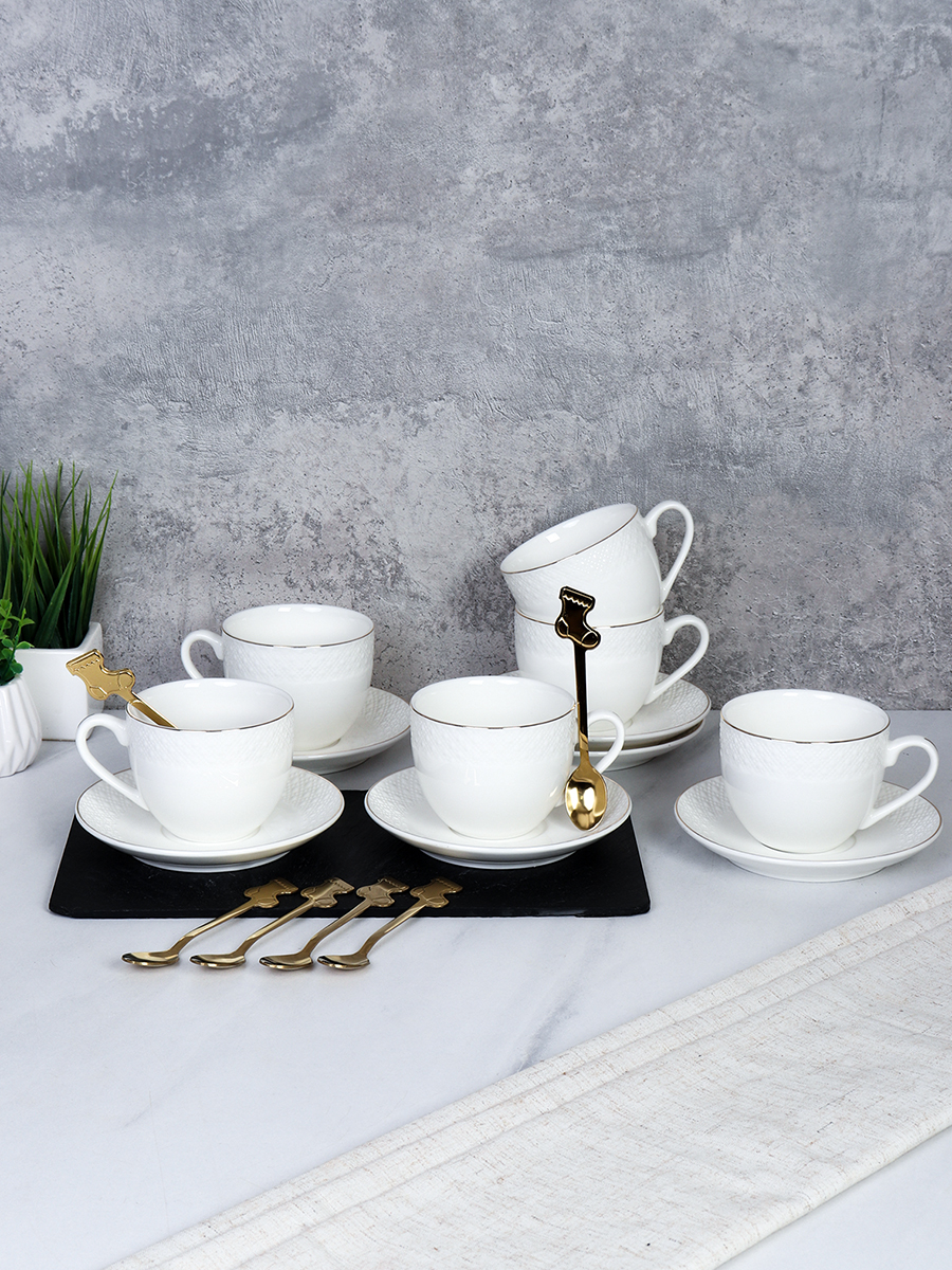 Чайный набор 12 предметов 230 мл / GA7-12G 230 /уп 8/ костяной фарфор с ложками Сапожок золото