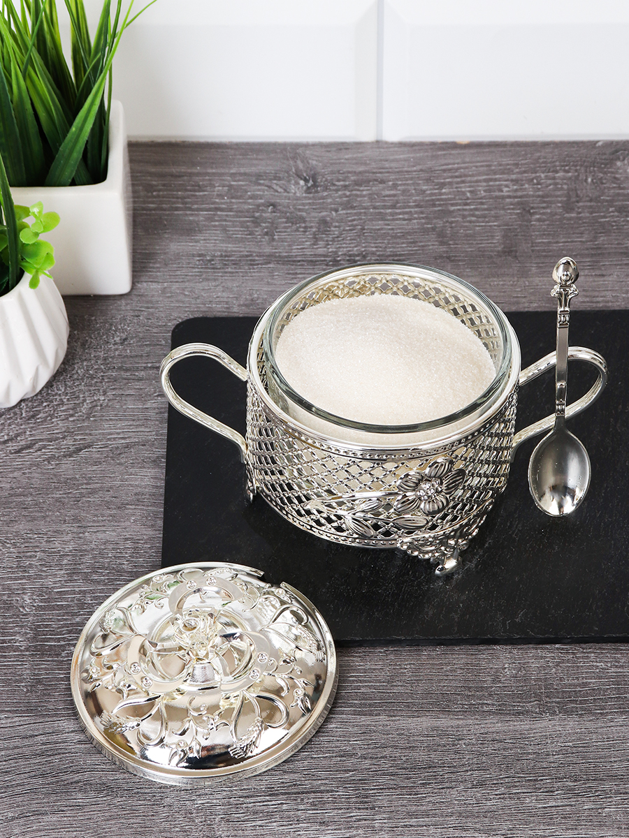 Сахарница 200 мл с ложкой / 889-3-SILVER /уп 96/