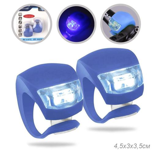 Фонарь LED в силиконовом корпусе на руль велосипеда скутера на шлем питание от батареек синий набор из 2 штук в блистере /689374/  