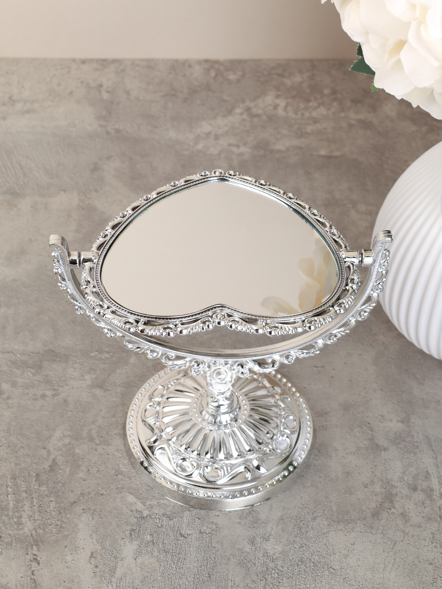 Зеркало настольное ажурное двустороннее 16,5 см сердце / YDW-06 /уп 72/серебро