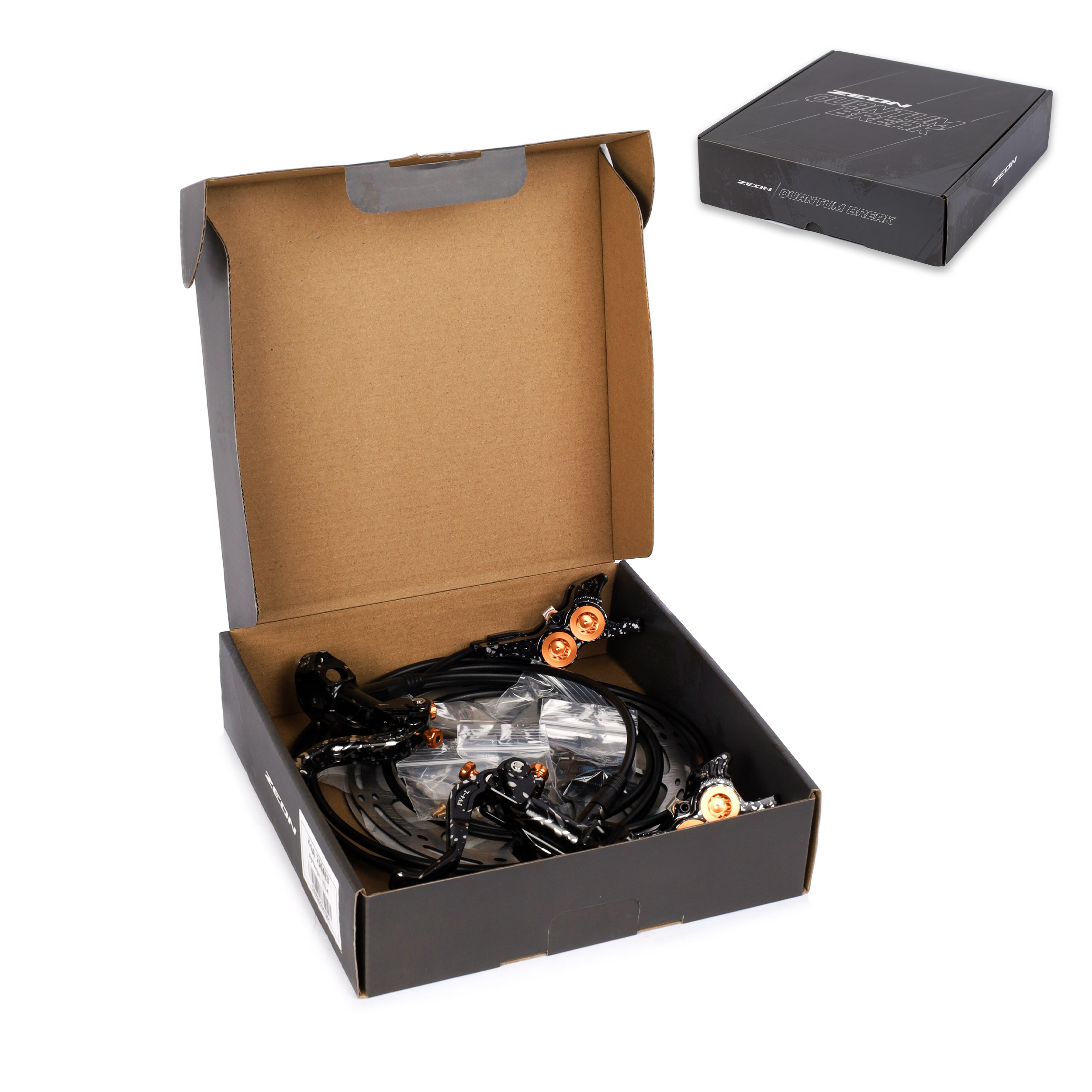 Тормозной набор дисковый гидравлический передний+задний ZEON QUANTUM BREAK 4. 4 поршня, длина передн. =950мм, задн. =1650мм., с ротором 180мм/уп 20/