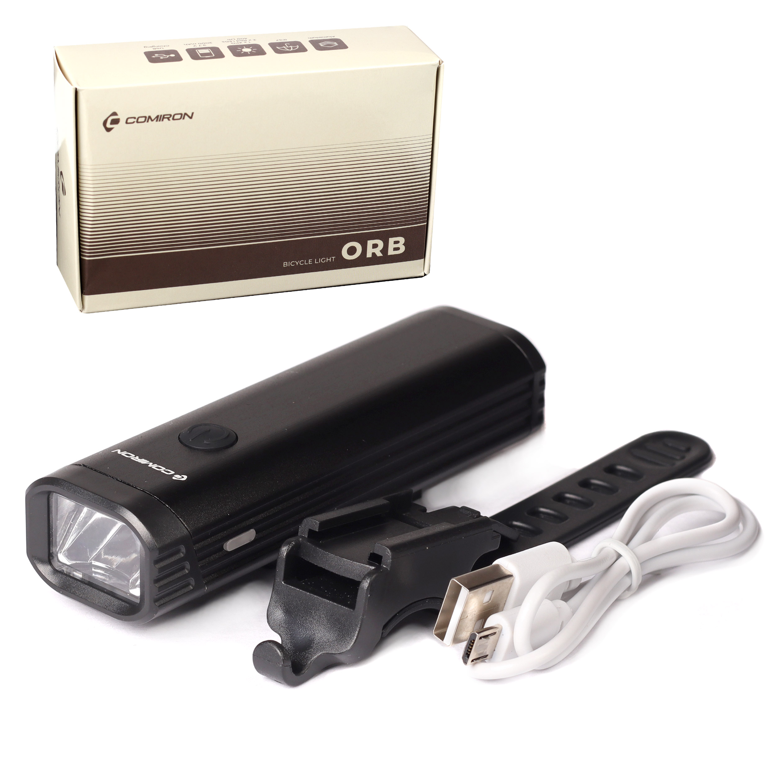 Фонарь передний COMIRON "ORB" корпус: авиационный алюминий 6063, IP67; свет: 1*XPG + 2 RED LEDS, 400lm; аккум: 3.7V 2000 mAh, USB. /уп 100/