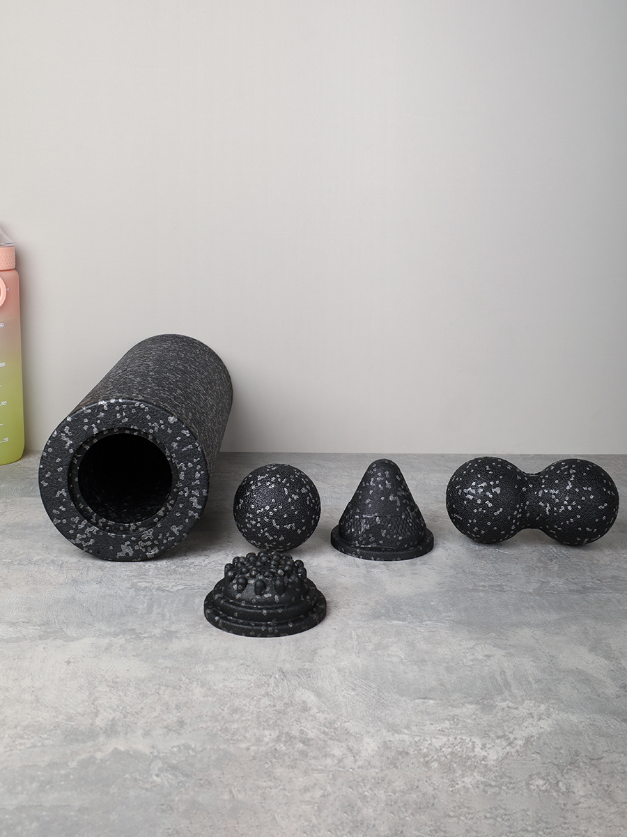 Набор массажный для МФР 5в1 / Ролик 37Х15 / мяч 8см /двойной мяч 16Х8 / массажный конус 9.8Х8  / массажная полусфера 9.8Х4.5 / Black+ Gray /уп 12