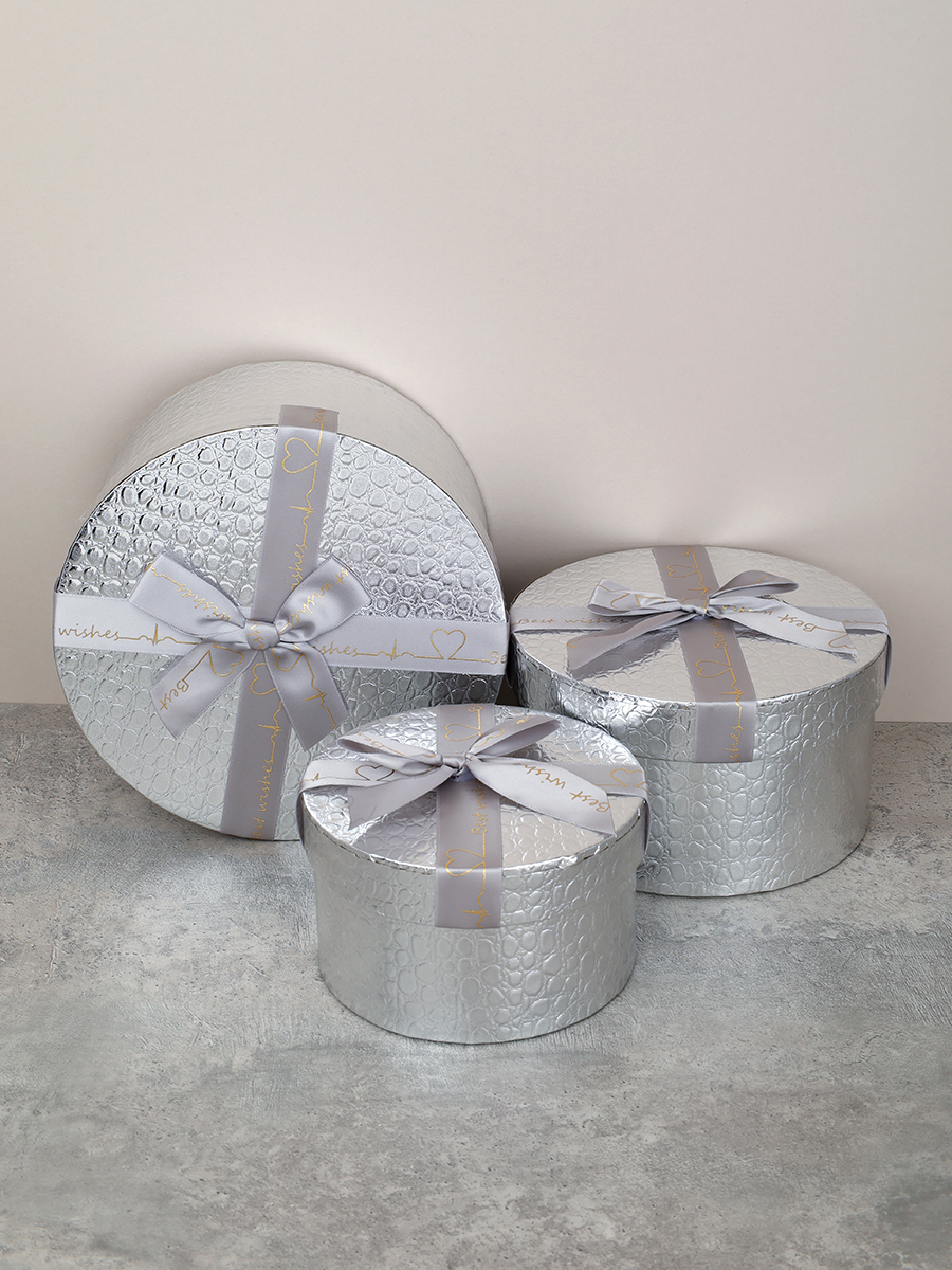 Коробка подарочная круглая 3 штуки 20х20х11 см / 3406-03 /уп 30/серебро