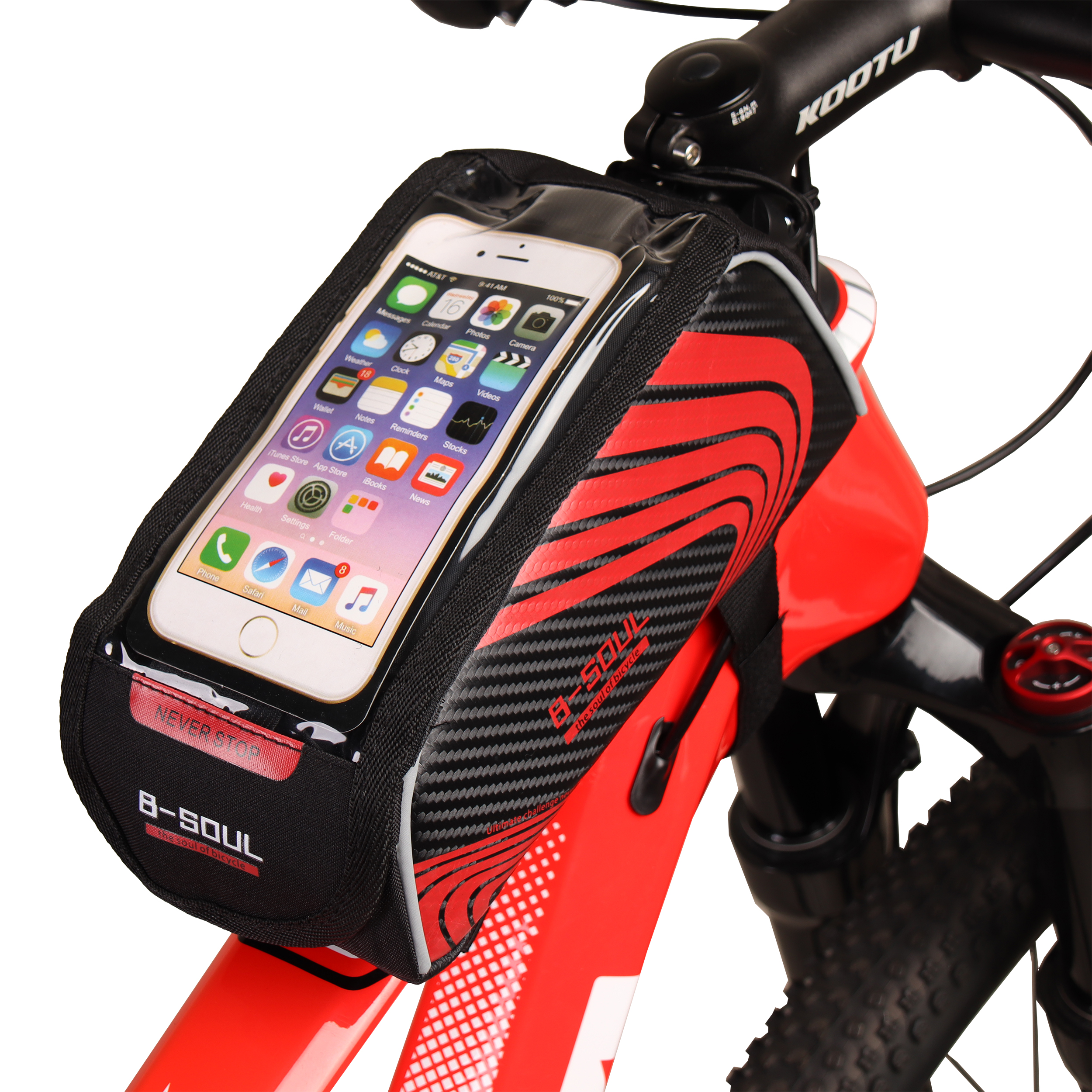 Сумка велосипедная на раму BICYCLE SOUL TPU стенки корпуса с отделением для смартфона основной отсек на липучке velcro чёрно-красная 21х9х10см /уп 50/