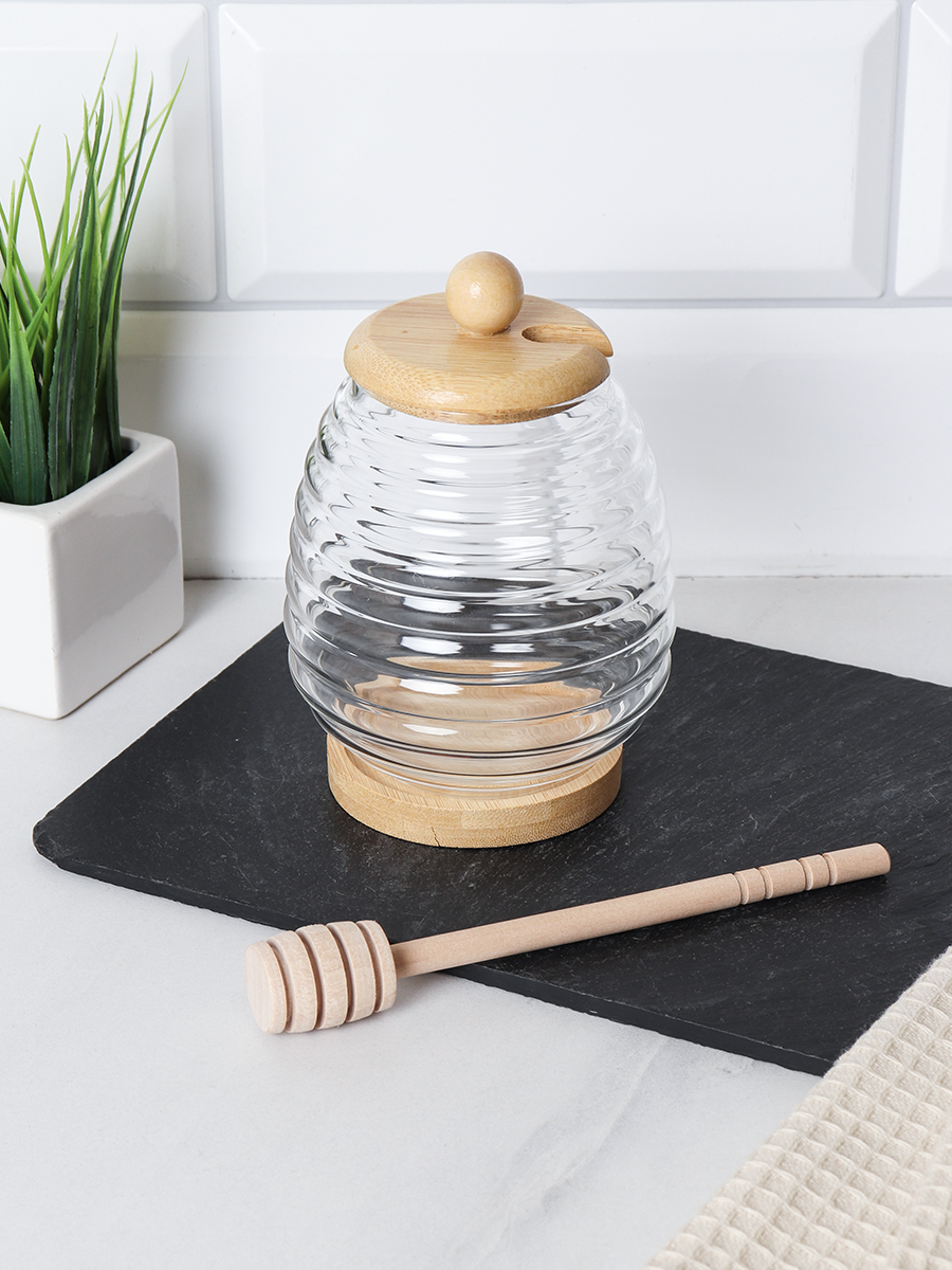 Банка для меда с ложкой на подставке бамбуковая крышка 400 мл / 7458 /уп 120/