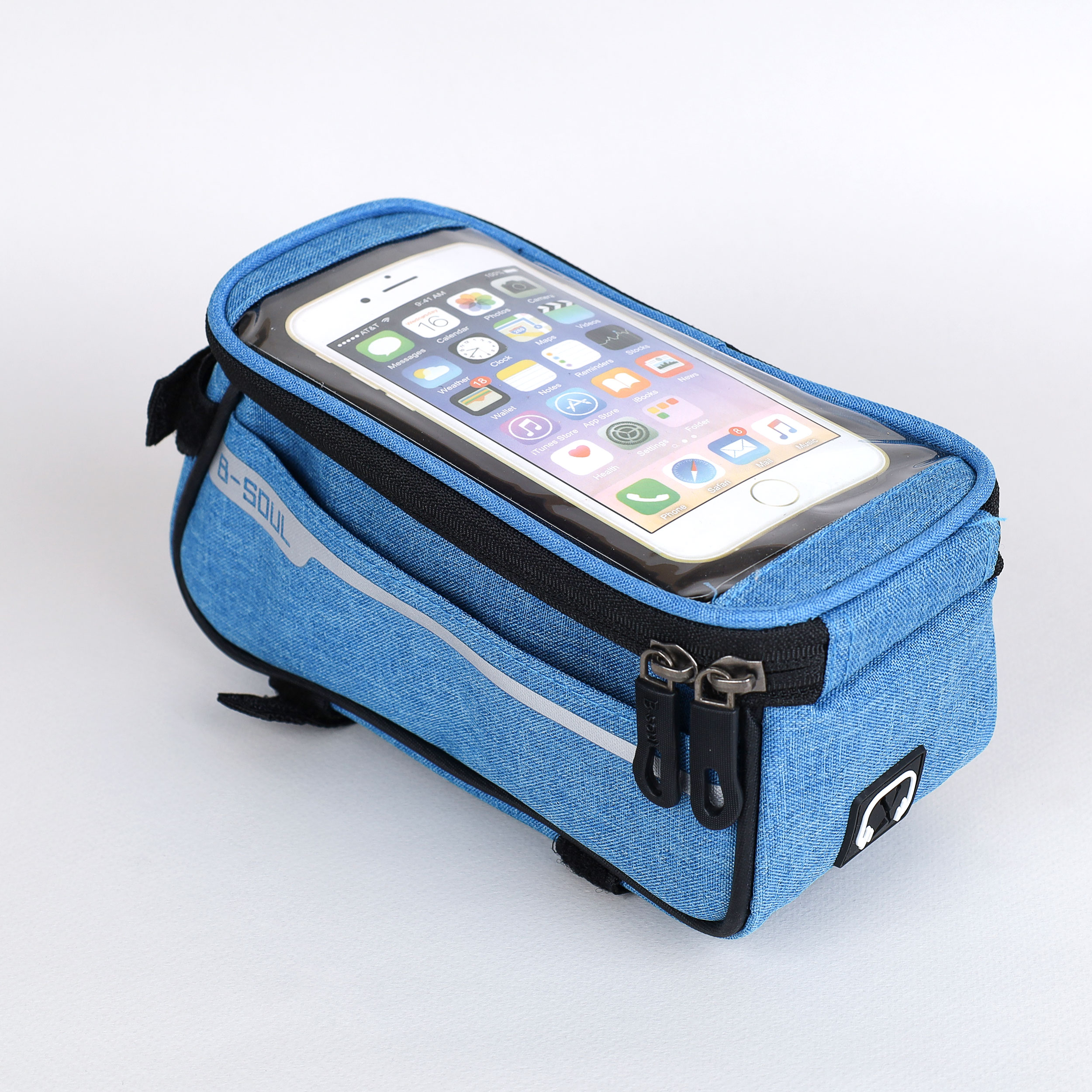 Сумка велосипедная на раму BICYCLE SOUL, с отделением для смартфона 6.0", основной отсек на молнии, голубая, 21x10.5x9см. /уп 50/
