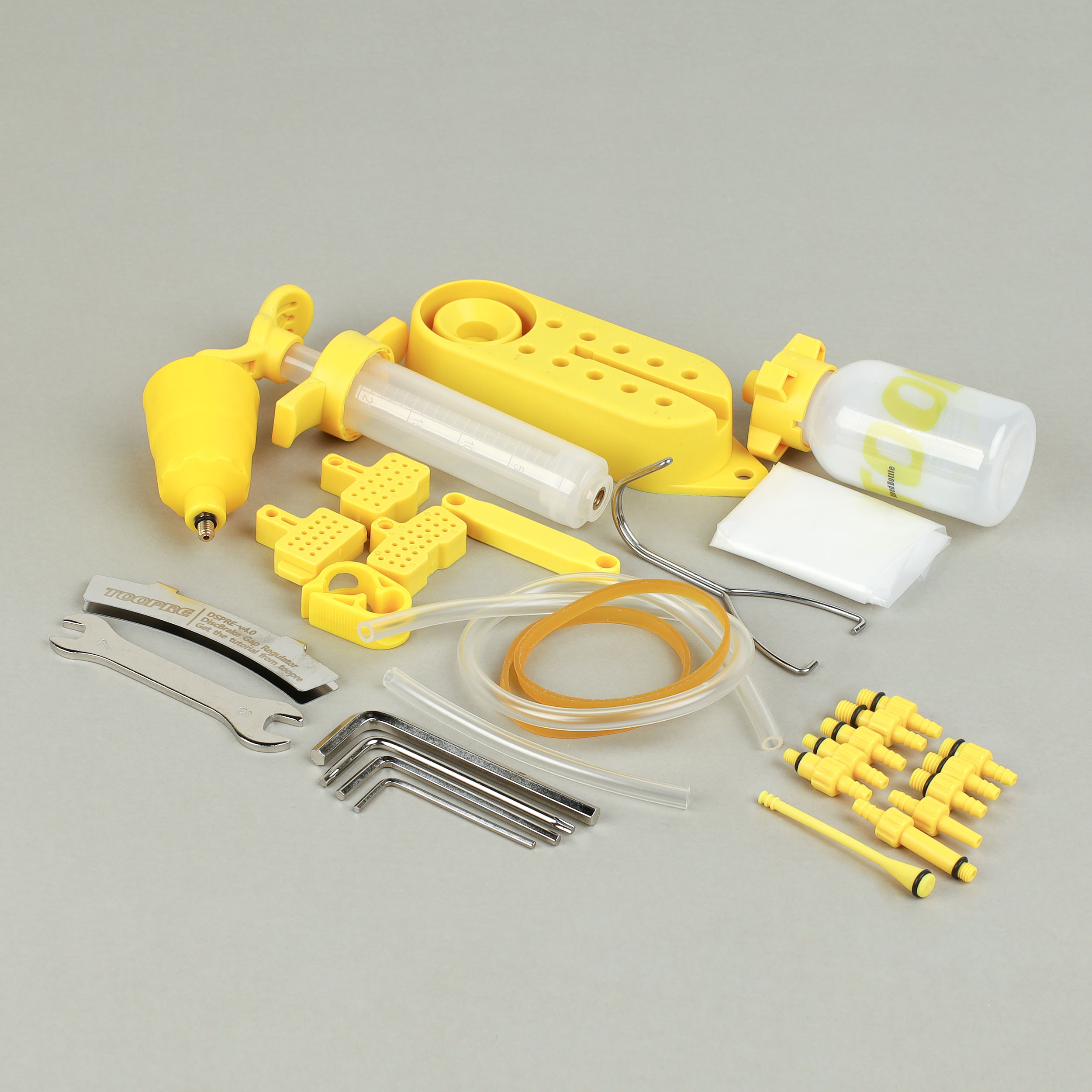 Комплект для прокачки гидравлических тормозов TOOPRE NYLON XL, нейлоновые насадки с системой хранения, бутылка, маслёнка, шприц, ключи, /уп 50/