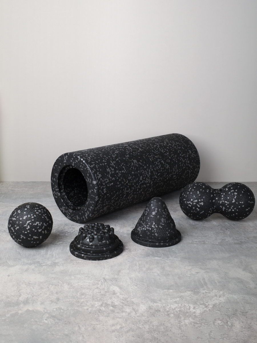 Набор массажный для МФР 5в1 / Ролик 37Х15 / мяч 8см /двойной мяч 16Х8 / массажный конус 9.8Х8  / массажная полусфера 9.8Х4.5 / Black+ Gray /уп 12