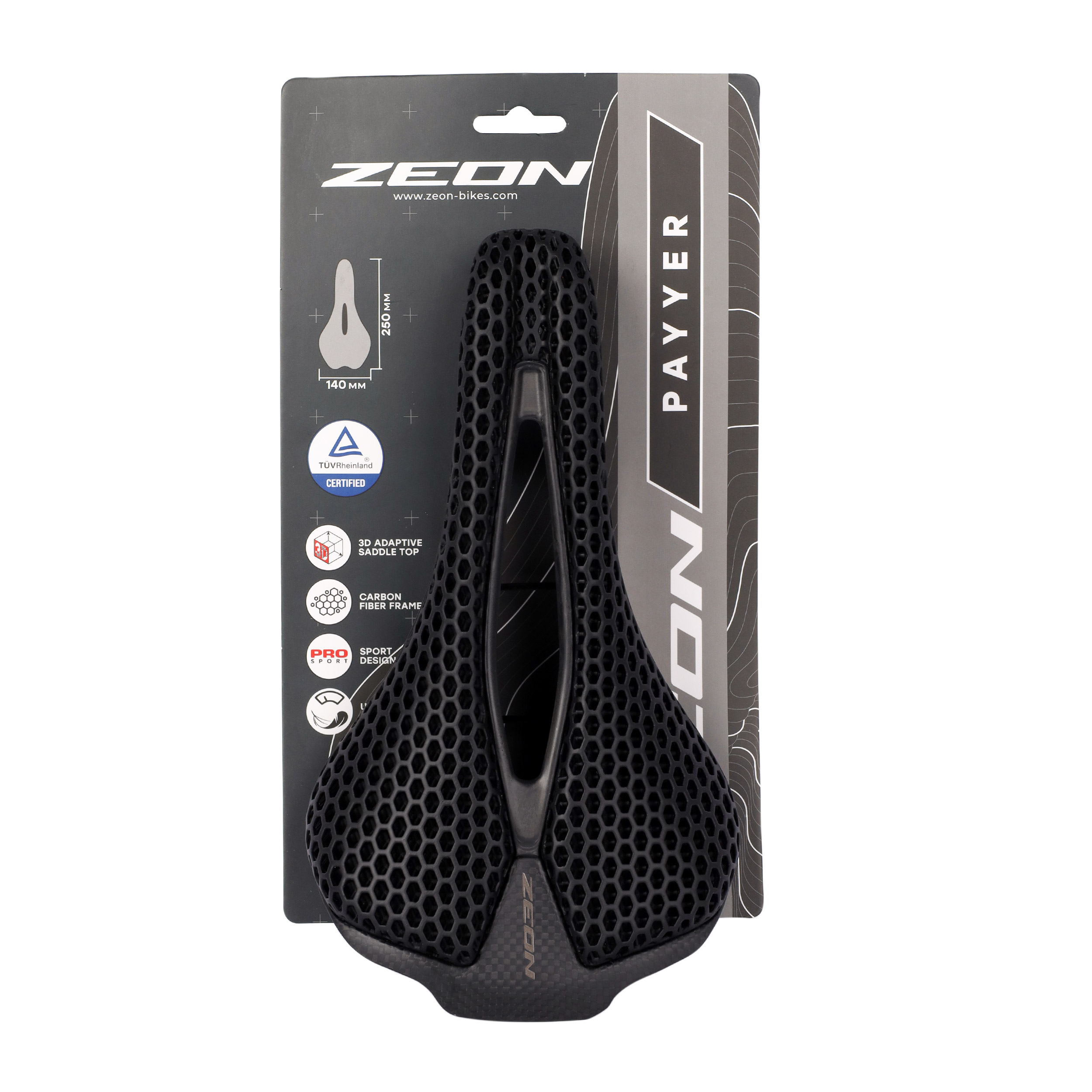 Седло велосипедное MTB карбоновое ZEON PAYYER TX-06 250X140м, Технологии: Carbon Base. Вес: 140гр. Верх: 3D. чёрное /уп 40/