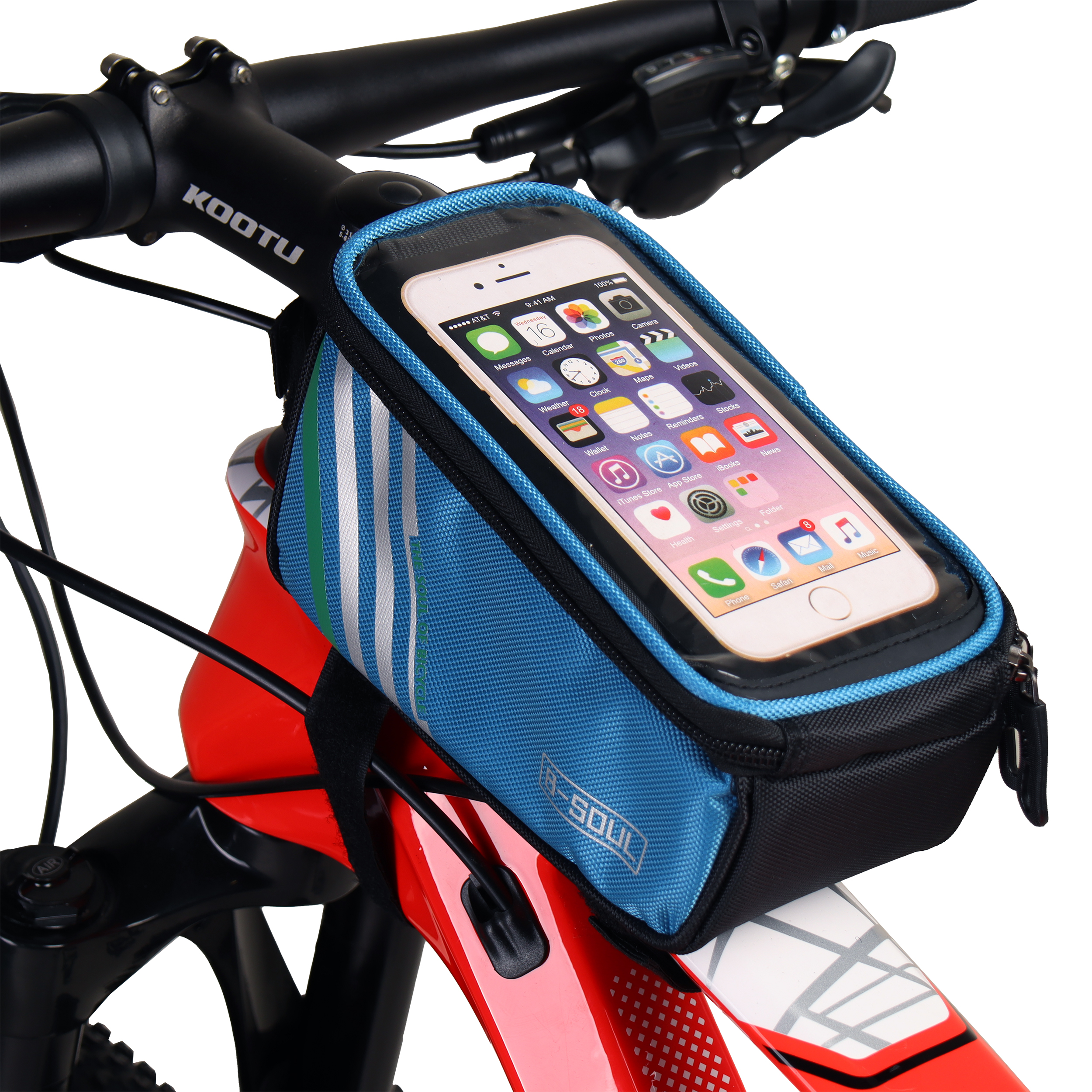 Сумка велосипедная на раму BICYCLE SOUL, с отделением для смартфона, основной отсек на молнии, боковой карман-сетка, голубая, 18.5х10х9см. /уп 50/