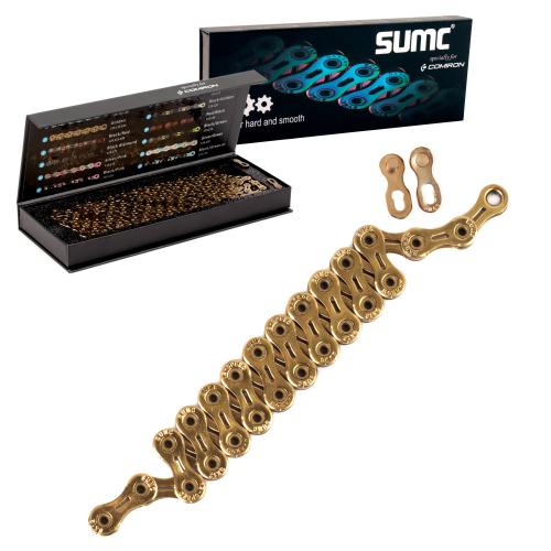 Велосипедная цепь SUMC SX12SL, 12 speed, 1/2"x11/128", 126 звеньев, суперлайт 244 г (SHIMANO M9100 / KMC DLXC12), ГОСТ 30442-97 ISO 9633, GOLD /уп 25/