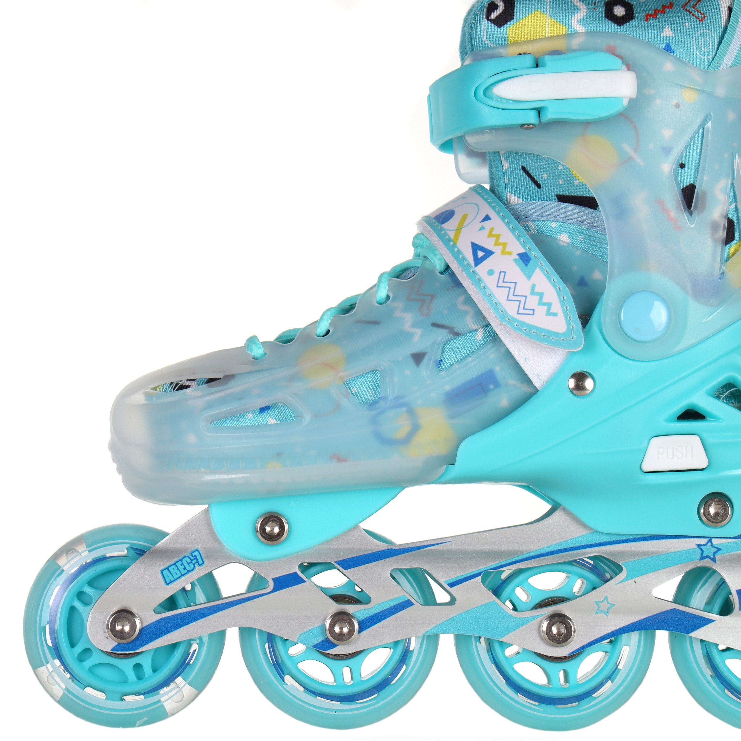 Роликовые коньки COMIRON прозрачный ботинок / 199-1 S /уп 6/ (31-34) бирюзовые