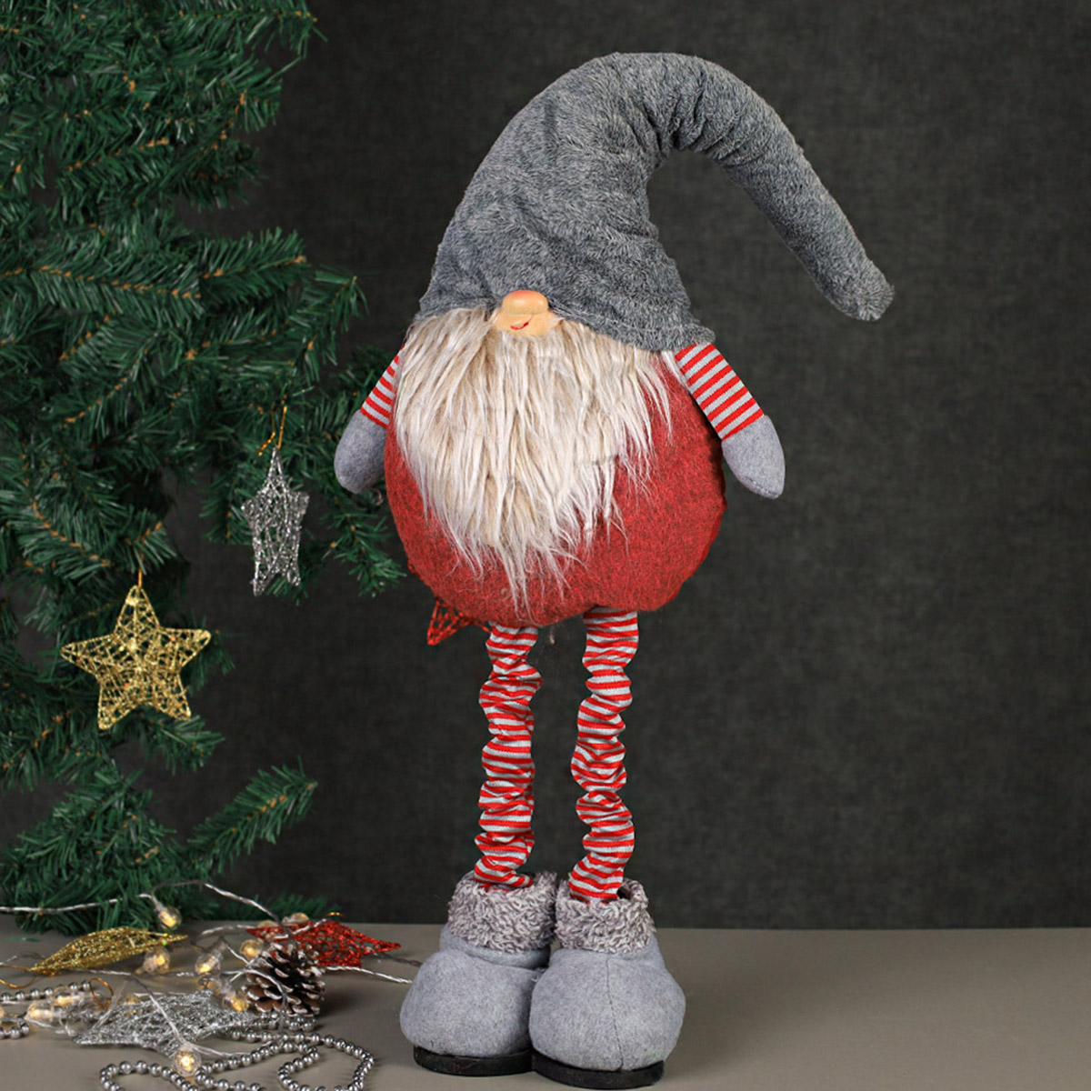 Новогоднее украшение Гном на телескопических ножках с серым колпаком 55/74 см / YX19811AB  /уп 36/