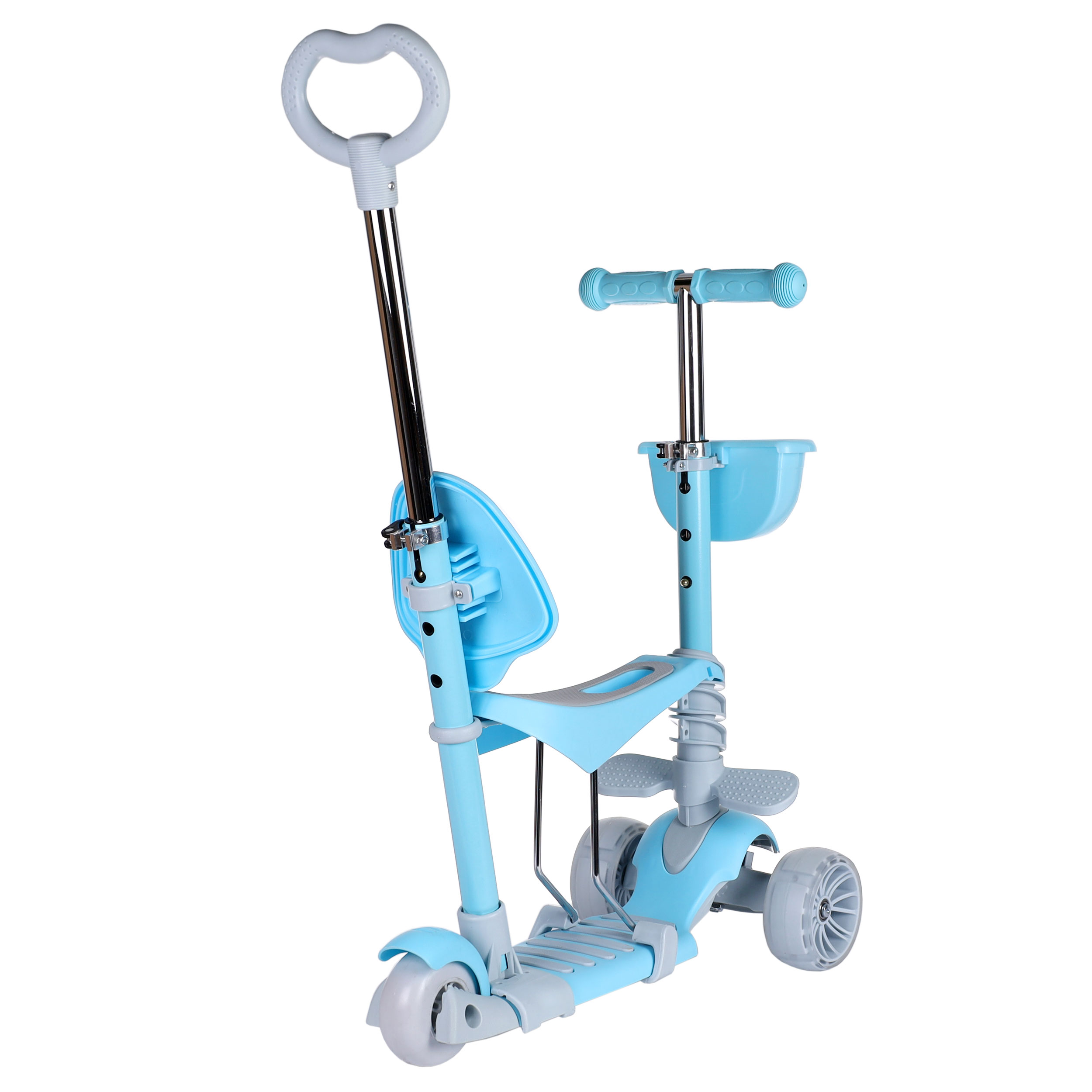 Самокат трёхколёсный  с сиденьем и родительской ручкой для детей от 2-х лет Yeenot 4110D светящиеся колёса PU 120x50 цвет нежно-голубой /уп 6/