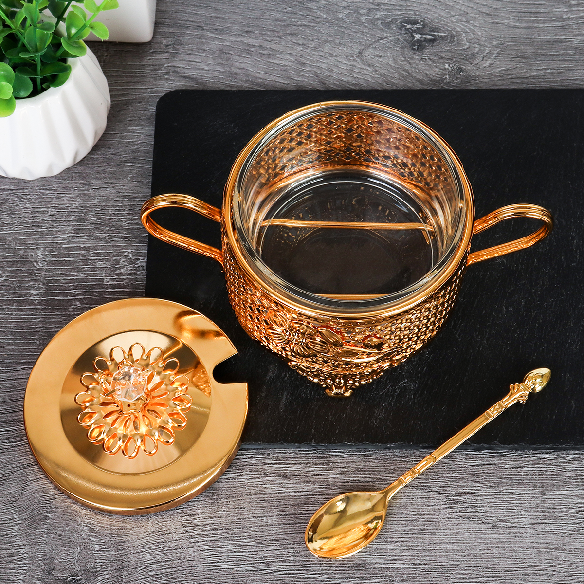 Сахарница 200 мл с ложкой / 888-3-GOLD /уп 96/