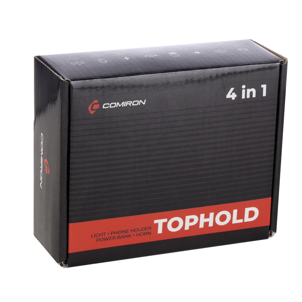 Фонарь передний COMIRON "TOPHOLD" ABS IPX5 2*T6 LED 500lm 3000mAh USB индикатор заряда POWER BANK 3 режима сигнал 130Дб крепление смартфона /уп 10/60/