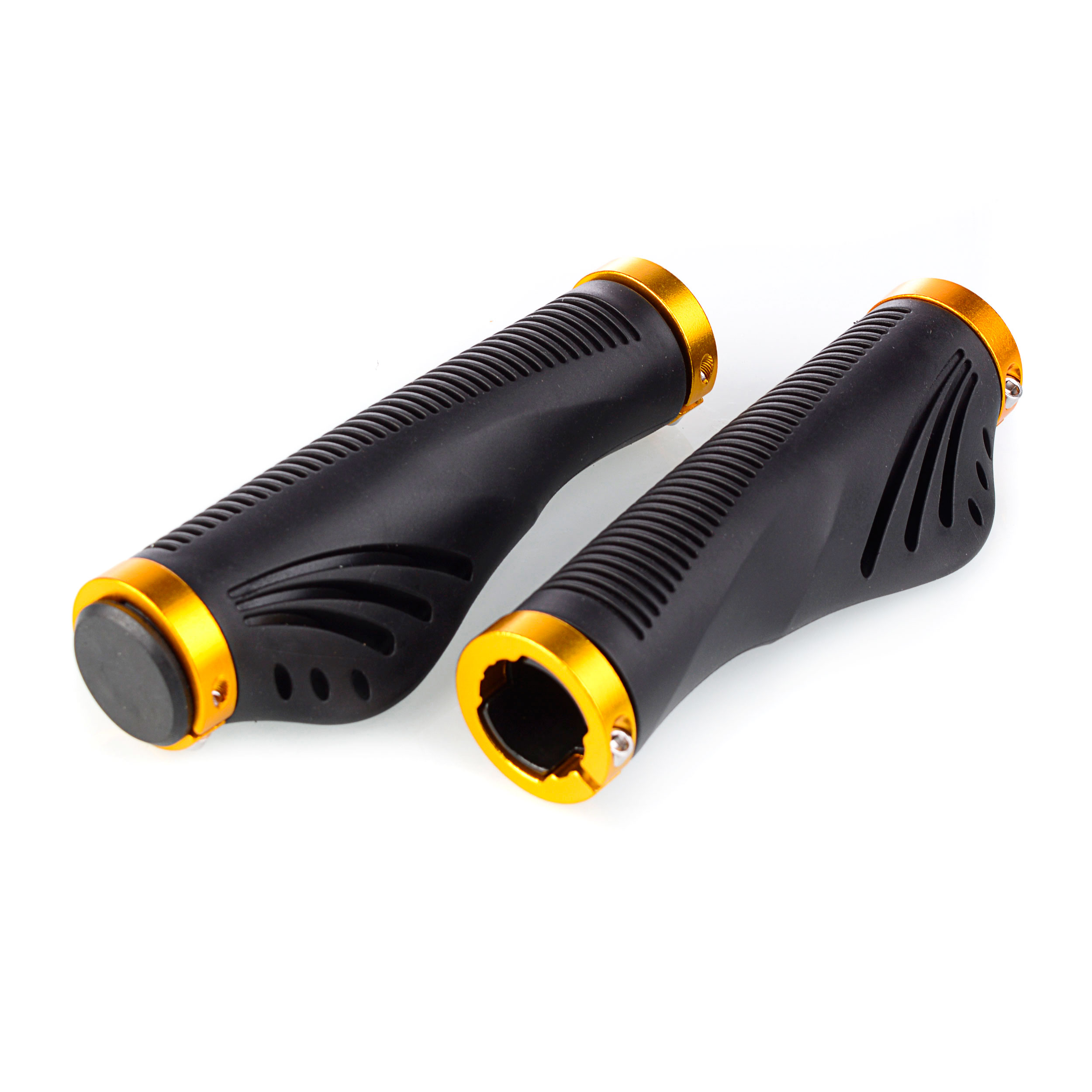 Грипсы 140 мм. Эргономичные. COMIRON с алюминевыми струбцинами / 2шт / Цвет черный-золотой /FD-A333-Black-Gold/уп 100