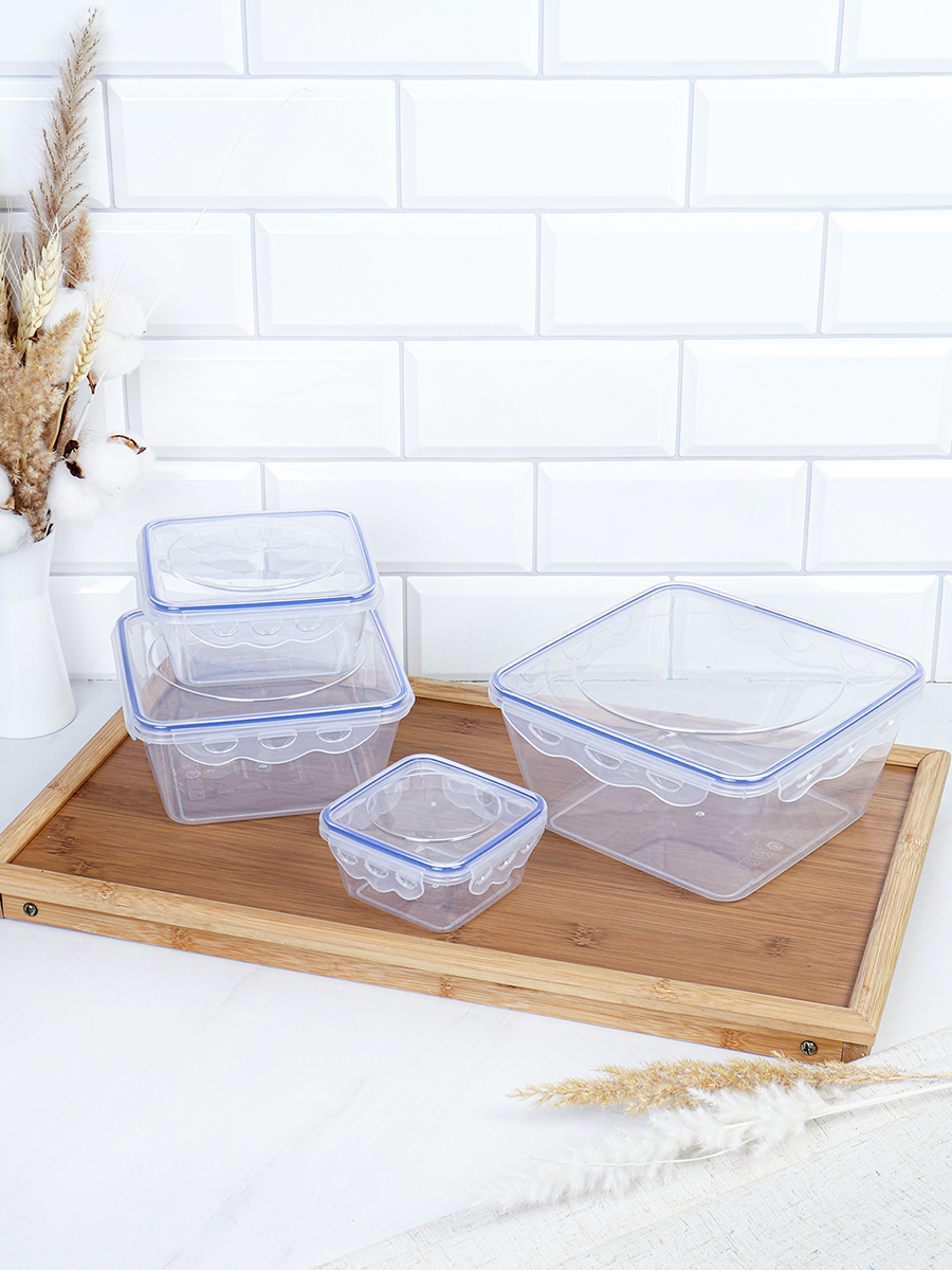 Набор пластиковых контейнеров Стандарт квадратный 4 штуки 280/570/1200/2150 мл / 90403 /уп 24/ ДОП СКИДКА НА КОРОБ 3%