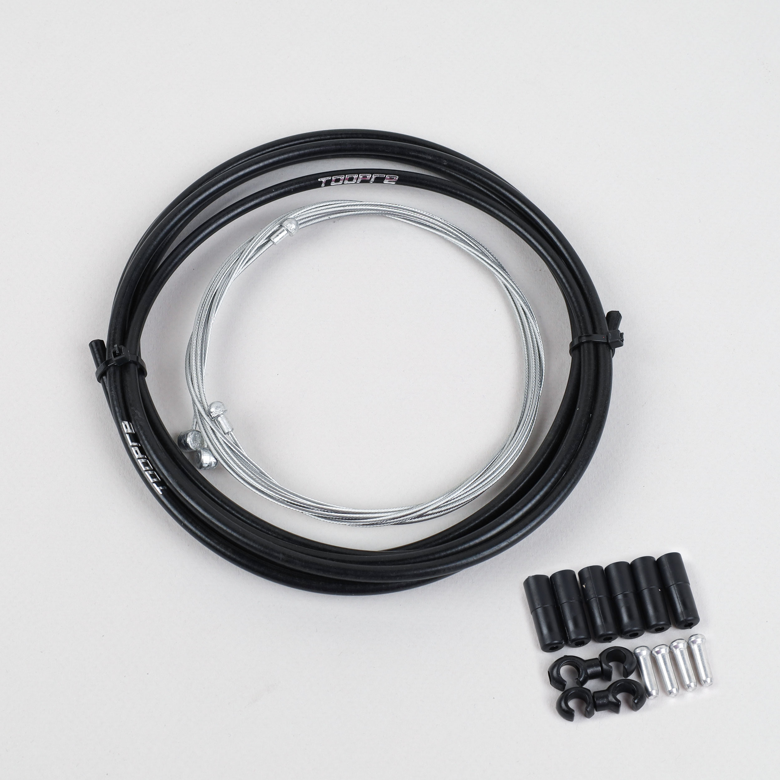 Комплект оплетки и тросов велосипеда на тормоза. 1 Оплетка/2 троса/наконечники/зажимы. TOOPRE SCS-002. черный/уп 100/