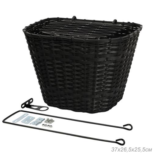 Корзина для велосипеда пластик с крышкой черная с креплением на переднее колесо под резьбовую вилку rронштейн на рулевую колонку. / QY-CRCL-0 /уп 30/