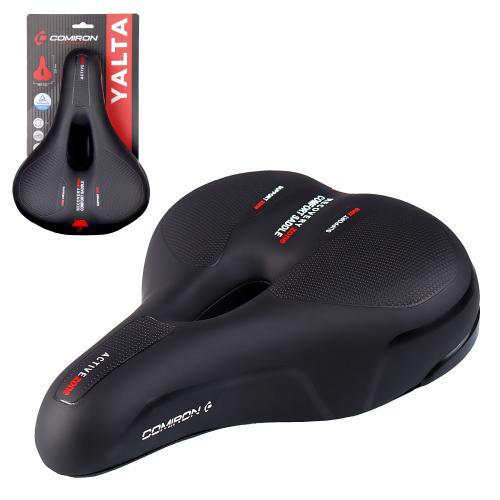 Седло велосипедное комфортное COMIRON YALTA C036 255x190, Технологии: ED, Эластомер, Верх: PU с пресс. принтом, Цвет: Чёрный+Красный/ АКЦИЯ /уп 20/
