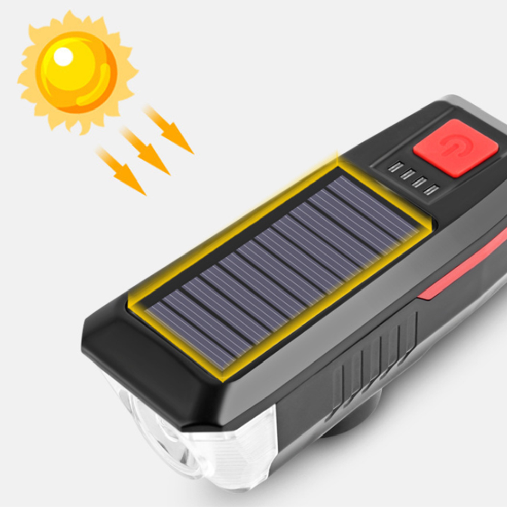 Фонарь передний COMIRON "SUN2" корпус ABS IPX4 свет T6 350lm аккум: 2000 mAh USB сигнал 120Дб влагозащищённый подзарядка от солнца красн /уп 30/120/