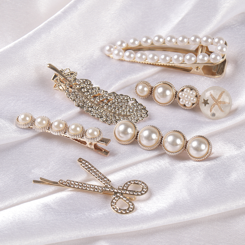 Заколка-зажим 6-8 см набор 6 штук / 2125-72 /уп 12/жемчуг/стразы