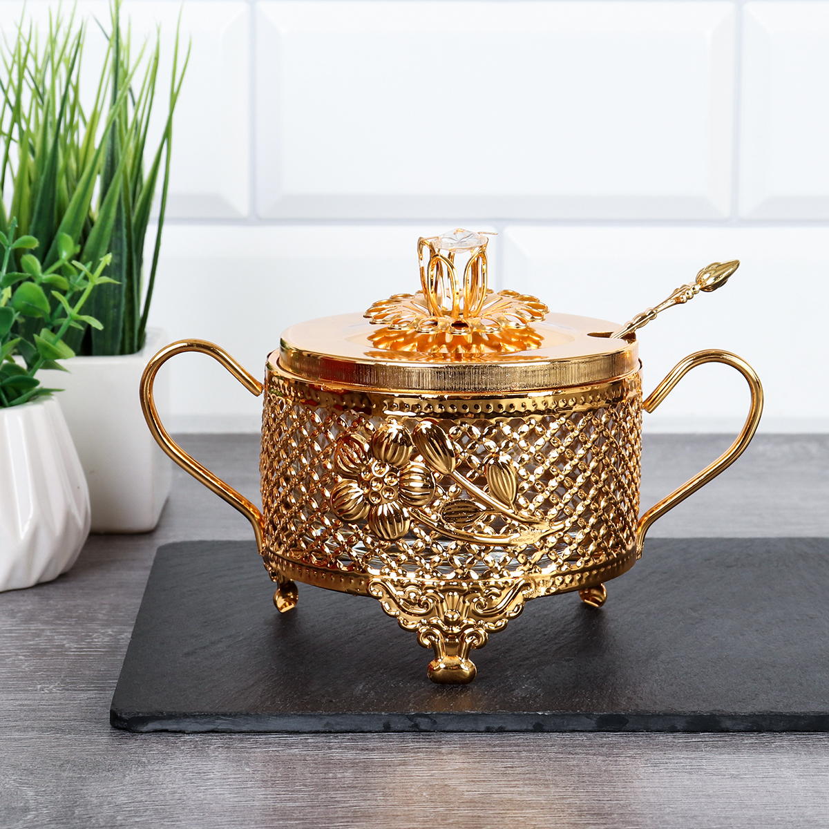 Сахарница 200 мл с ложкой / 888-3-GOLD /уп 96/