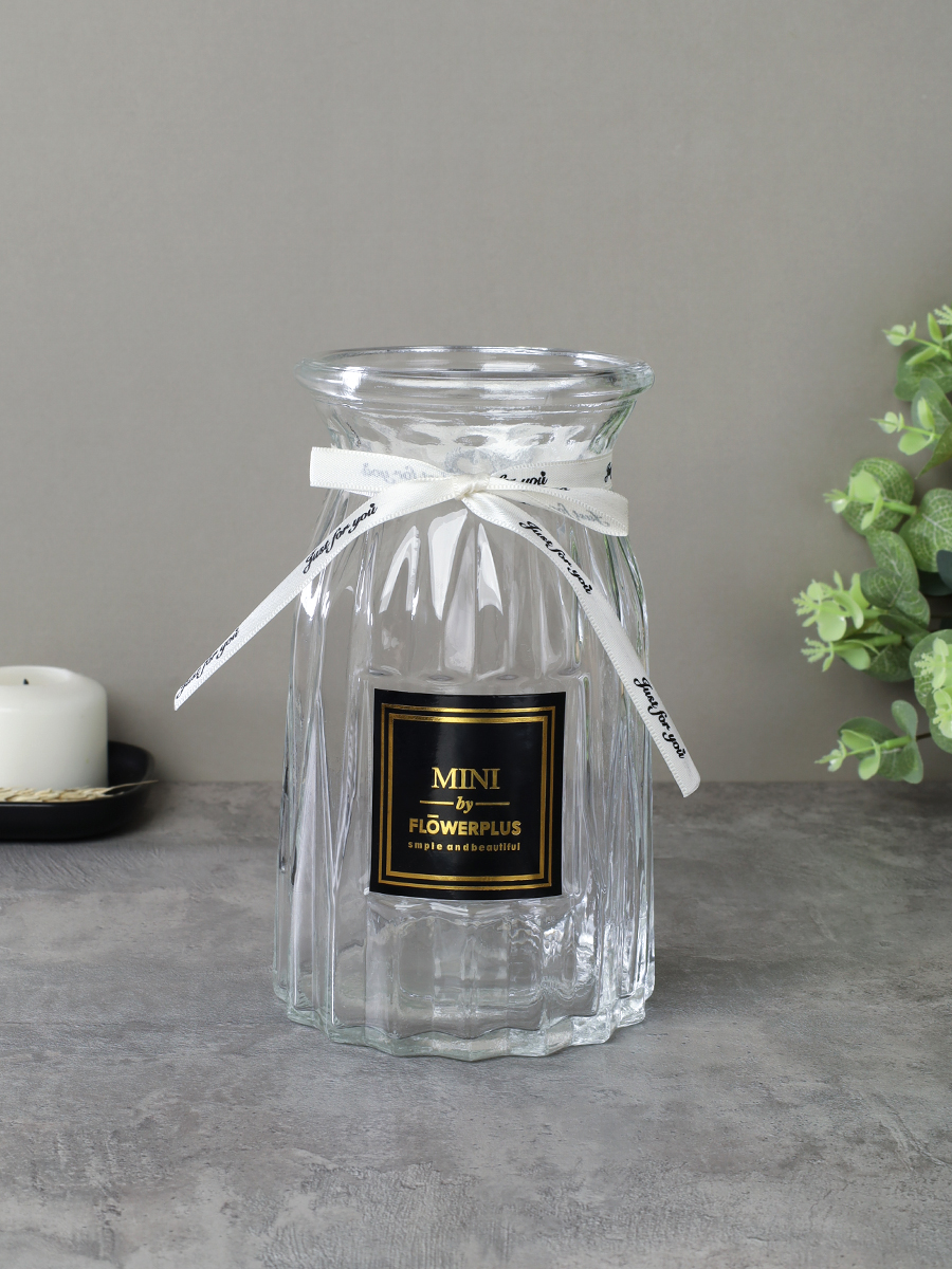 Ваза для цветов 18 см прозрачная с лентой этикетка / WRD-141 /уп 30/ без и/уп