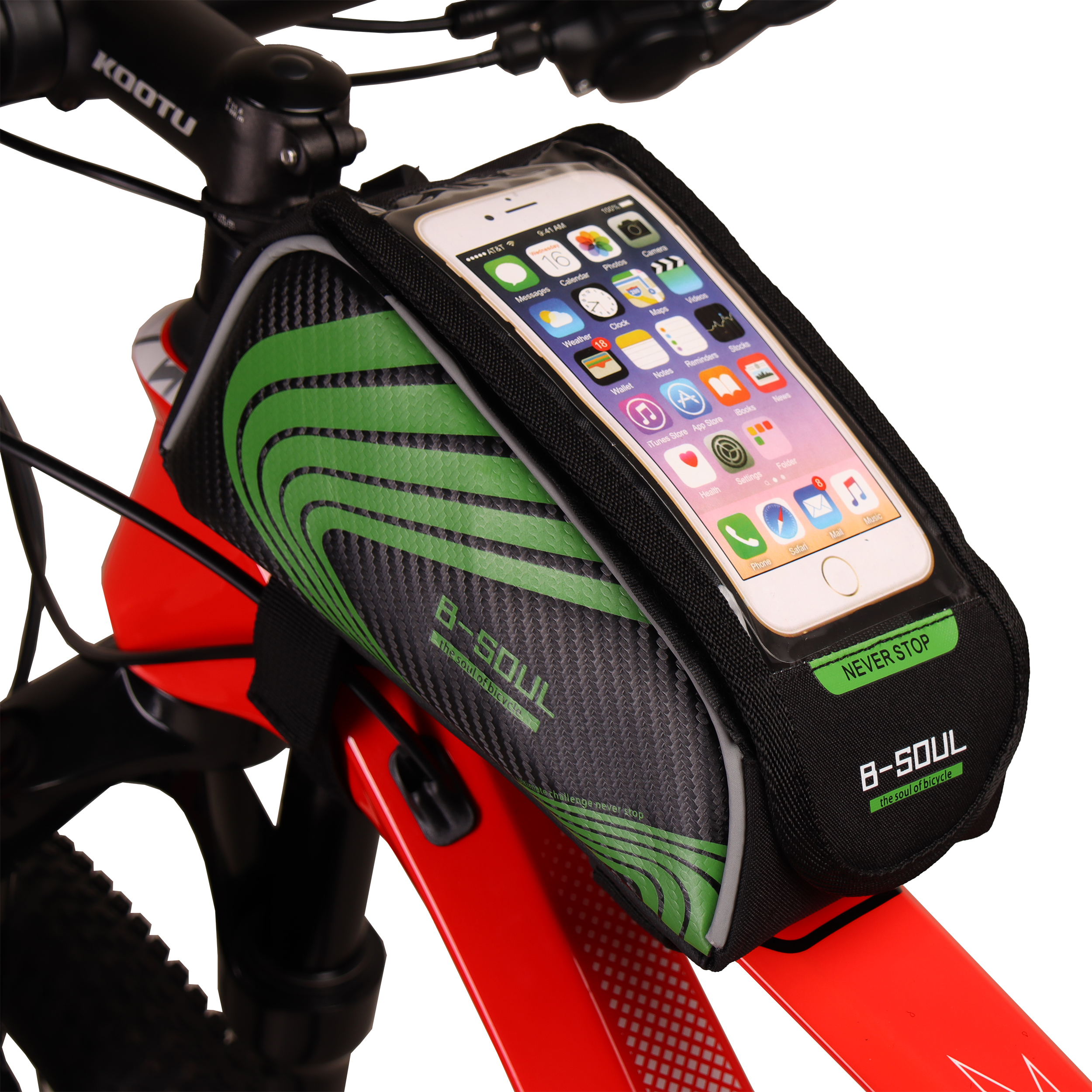 Сумка велосипедная на раму BICYCLE SOUL TPU стенки корпуса с отделением для смартфона основной отсек на липучке velcro чёрно-зелёная 21х9х10см /уп 50/