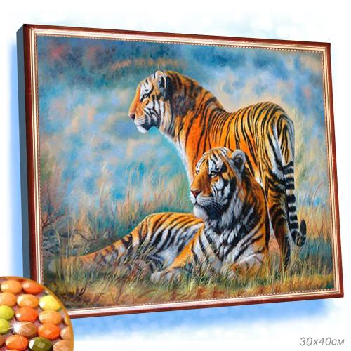 Алмазная мозаика на подрамнике 30x40 Тигры / YSG0217 /уп 40/полное заполнениеПРОМО АКЦИЯ