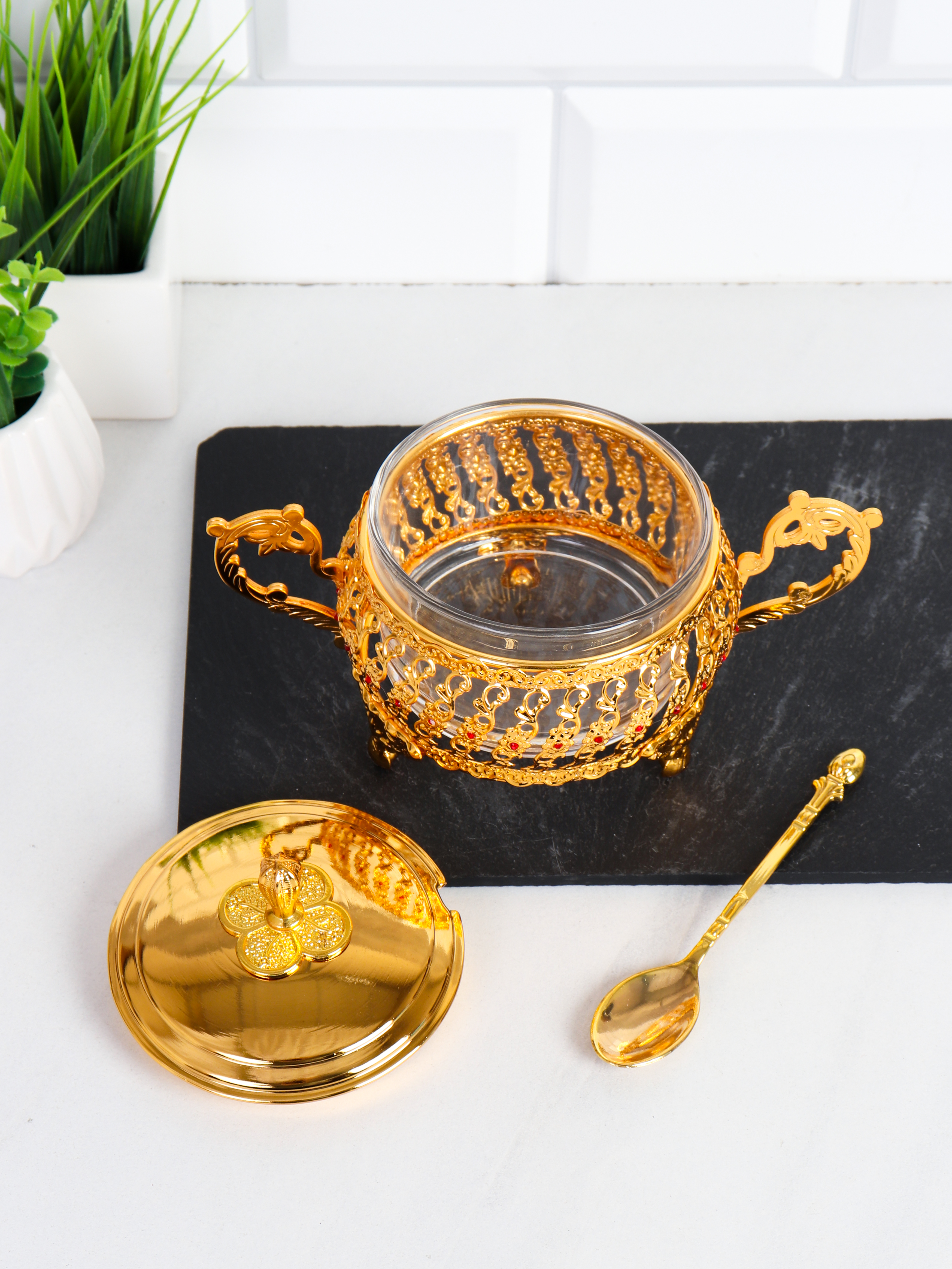 Сахарница 200 мл с ложкой / 200-1-Gold /уп 60/