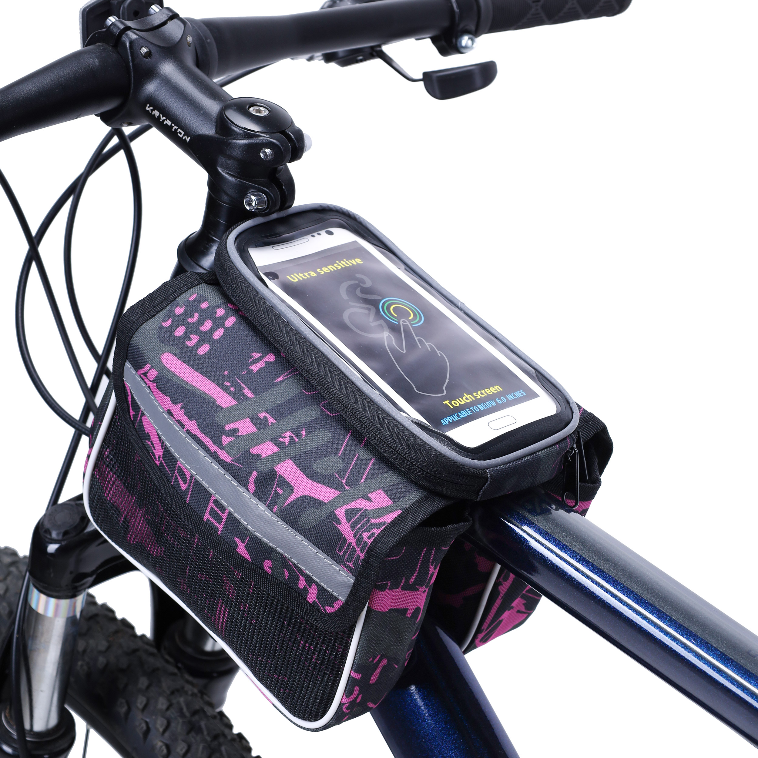 Сумка велосипедная на раму BICYCLE SOUL, с отделением для смартфона, боковые отсеки на липучке. 19*10.5*15см. Розовый /уп 50/
