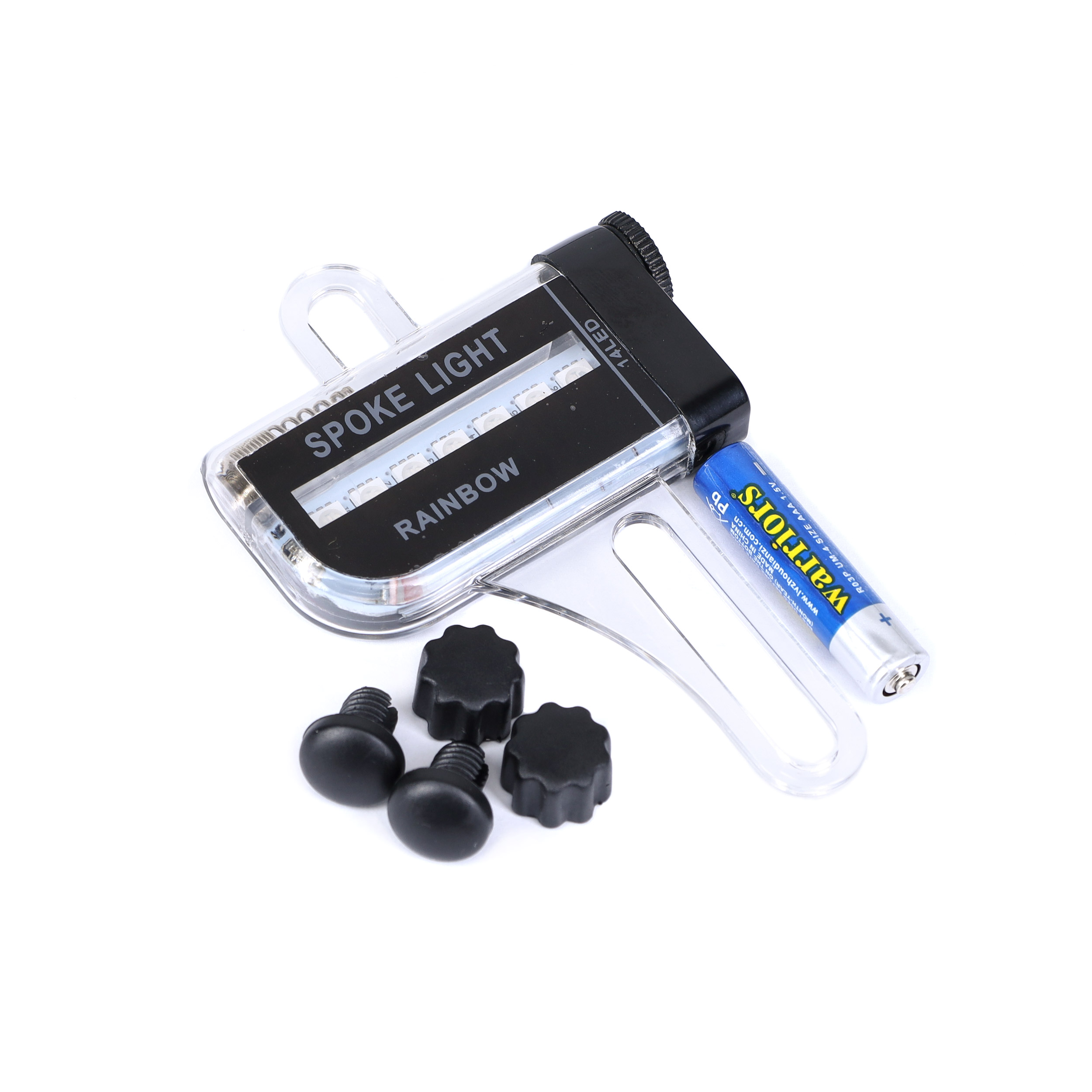 Фонарь подсветка для колес COMIRON "A02" корпус: пластик, свет 14 RGB LED, 30 рисунков, ААА батарея, влагозащита IPX5 /уп 100/