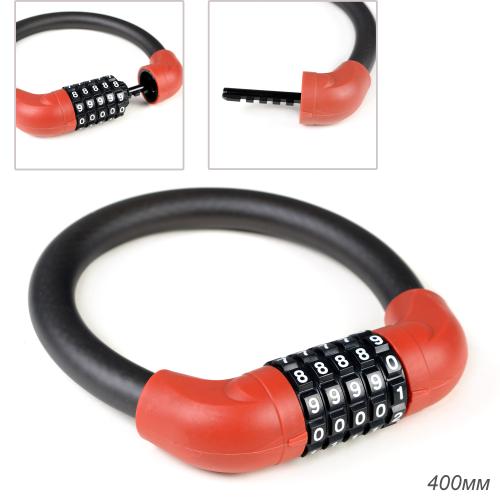 Замок тросовый кодовый R-LOCK 03, 5 разрядов, 400мм, стальной трос антивзлом. плетение, вес 320 гр, красный. /уп 100