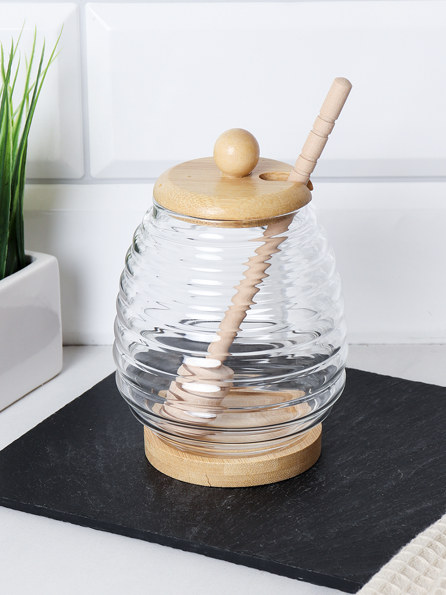 Банка для меда с ложкой на подставке бамбуковая крышка 400 мл / 7458 /уп 120/