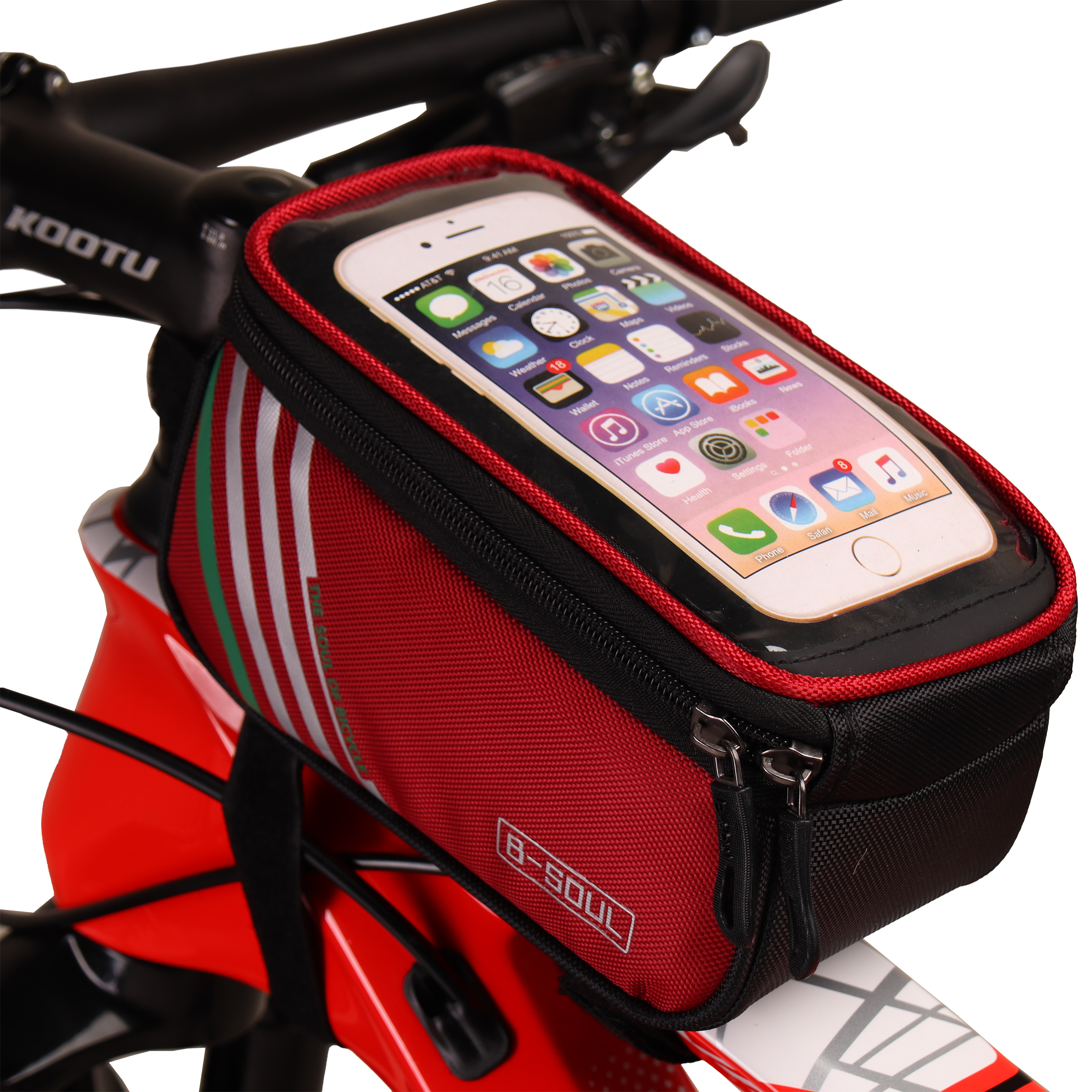 Сумка велосипедная на раму BICYCLE SOUL, с отделением для смартфона, основной отсек на молнии, боковой карман-сетка, красная, 18.5х10х9см. /уп 50/