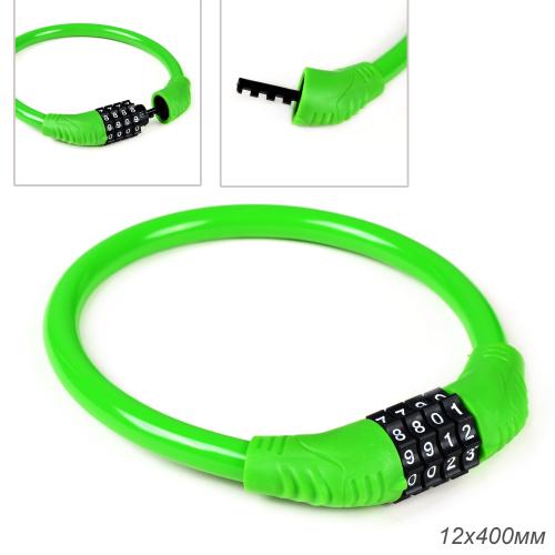 Замок тросовый кодовый R-LOCK 02, 4 разряда, 12х400мм, стальной трос, тактильно приятный PVC, вес 140 гр, зелёный /уп 200