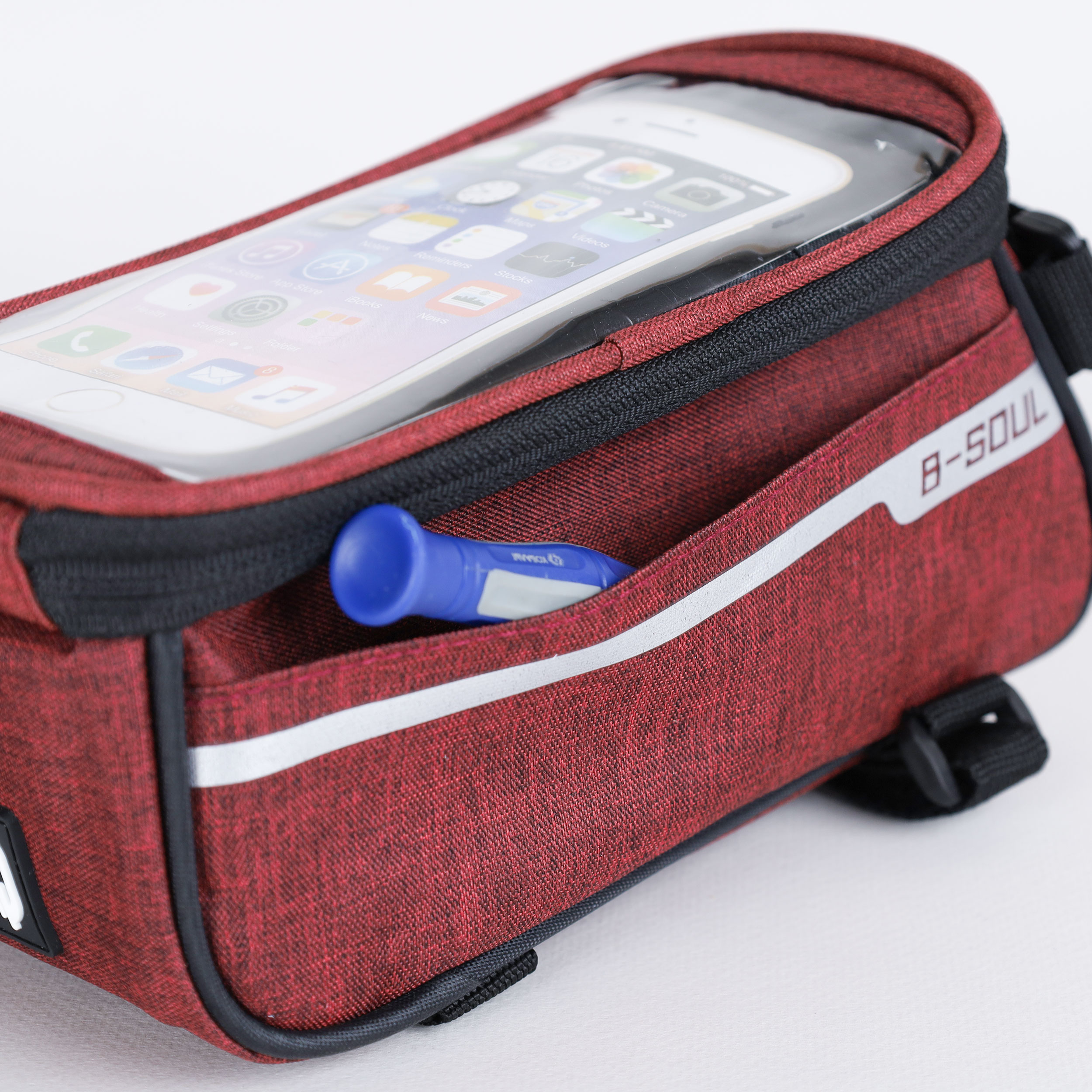 Сумка велосипедная на раму BICYCLE SOUL, с отделением для смартфона 6.0", основной отсек на молнии, бордовая, 21x10.5x9см. /уп 50/