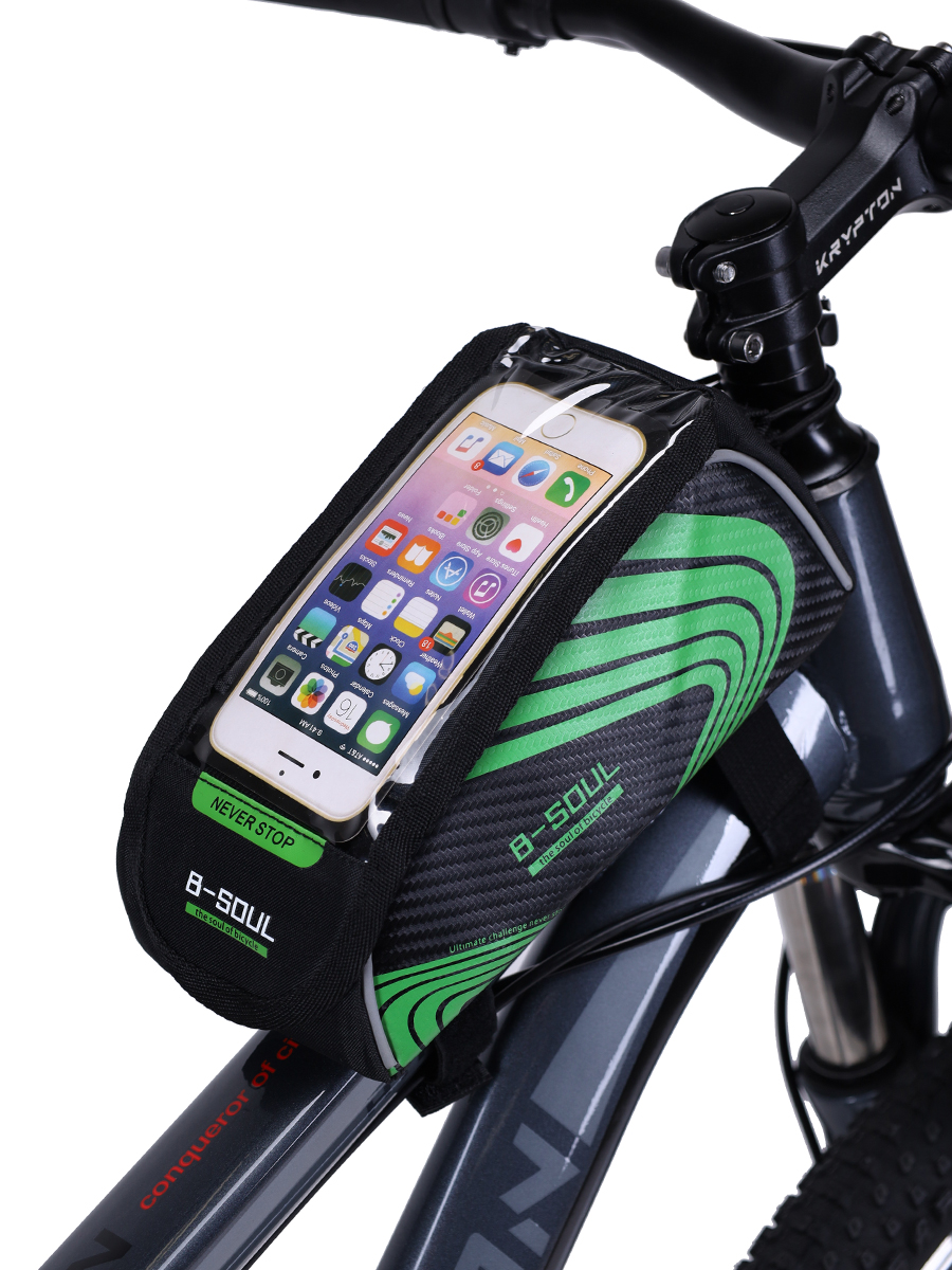 Сумка велосипедная на раму BICYCLE SOUL TPU стенки корпуса с отделением для смартфона основной отсек на липучке velcro чёрно-зелёная 21х9х10см /уп 50/