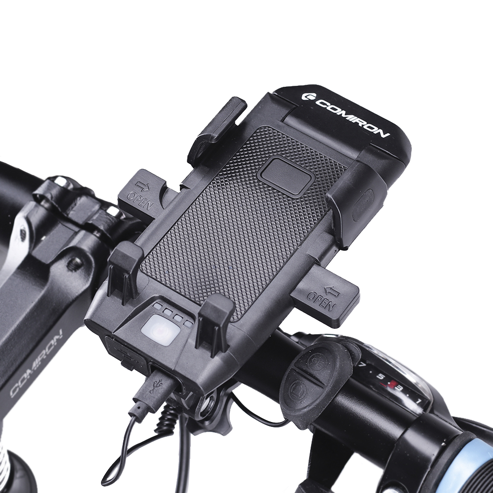 Фонарь передний COMIRON "TOPHOLD" ABS IPX5 2*T6 LED 500lm 3000mAh USB индикатор заряда POWER BANK 3 режима сигнал 130Дб крепление смартфона /уп 10/60/