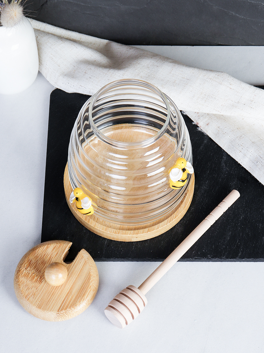 Банка для меда с ложкой на подставке бамбуковая крышка 500 мл Пчелка / 9664 /уп 100/*