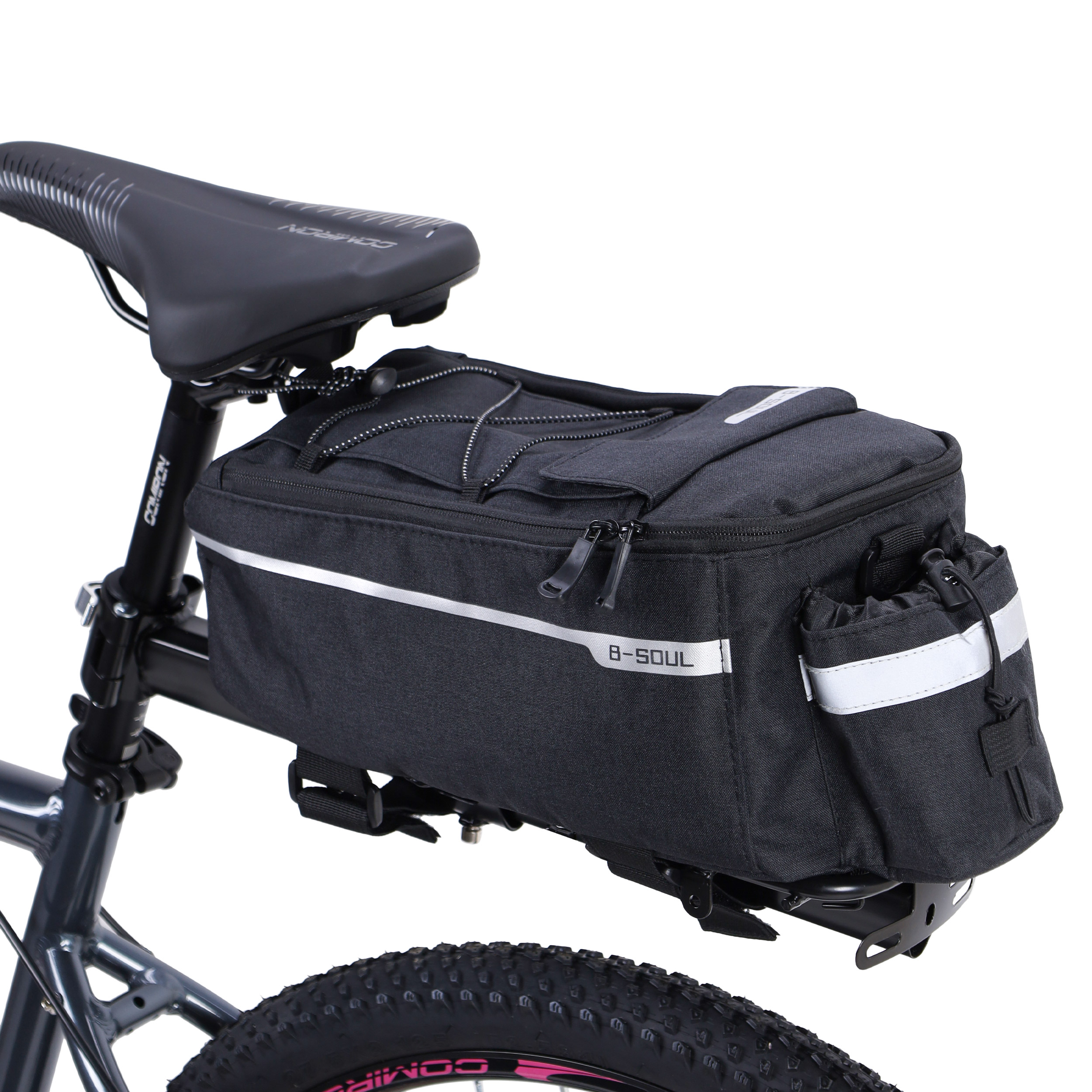 Сумка велосипедная на багажник BICYCLE SOUL, основные отсеки на молнии, крепление velcro, отсек для бутылки. Размер 38*15.5*16см. /уп 35/