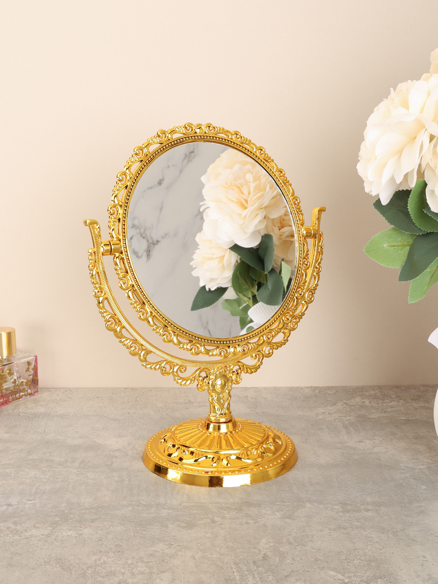 Зеркало настольное ажурное двустороннее 26 см круглое / YDW-08 /уп 48/золото