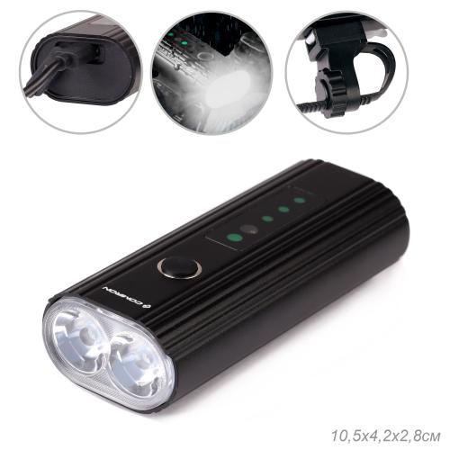 Фонарь передний COMIRON "OKO700" корпус: авиационный алюминий 6063, IP67; свет: 2 XPG, 700lm; аккум: 3.7V 4000 mAh, USB; POWER BANK. /уп 50/