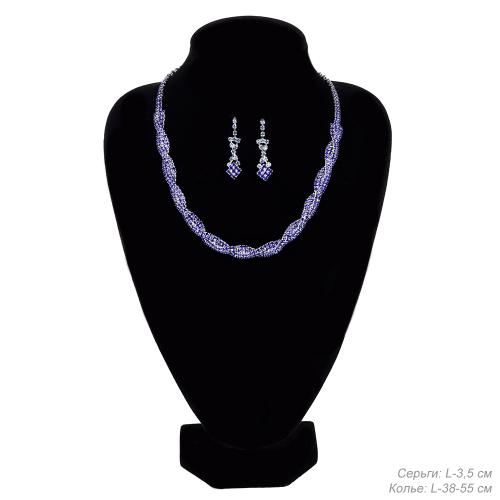 Колье со стразами и серьги гвоздики 3,5 см/ 6532 /уп 6/серебро