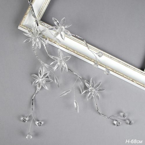 Ветка декоративная стеклярус 68 см 5 цветков / SA15807 /уп 360/серебро