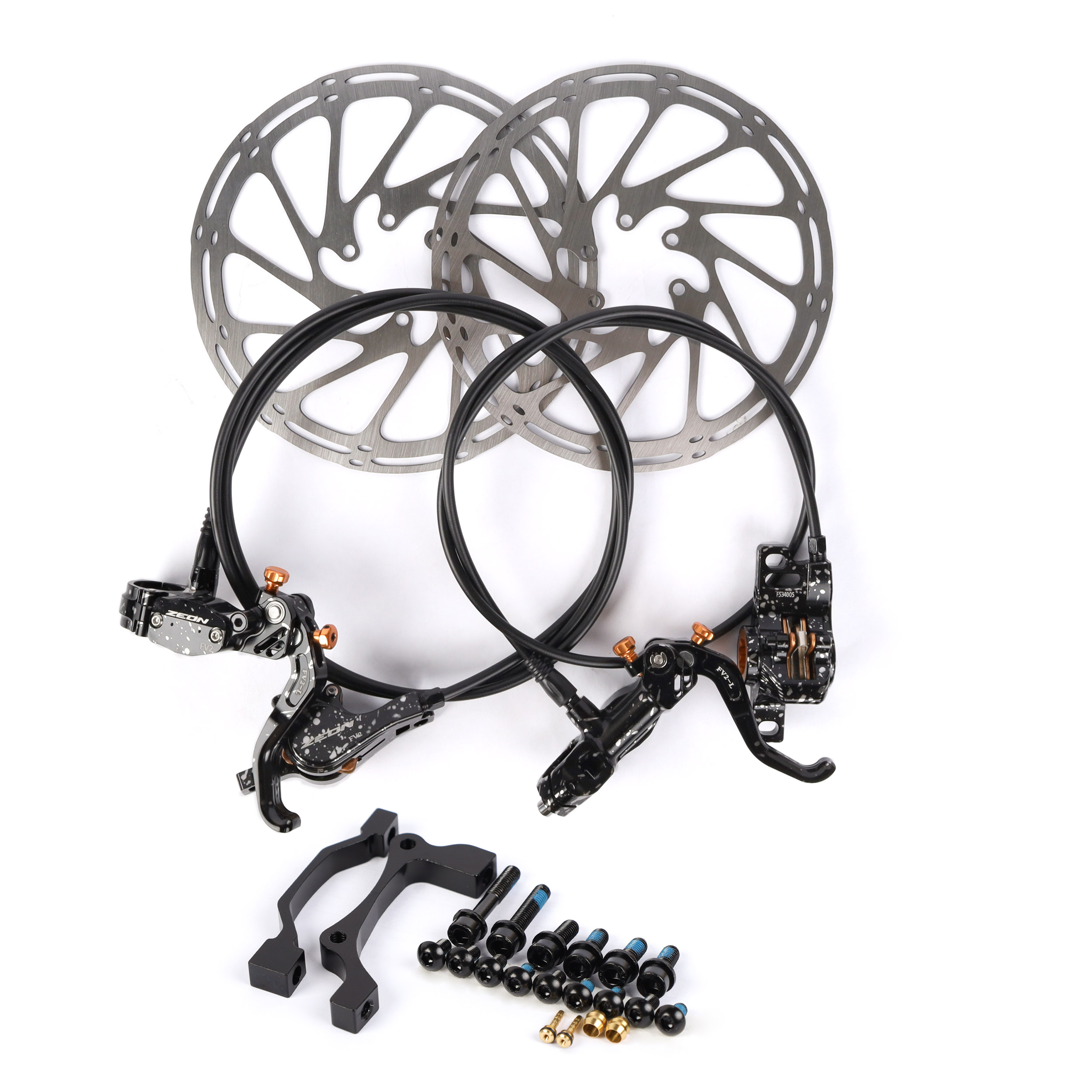 Тормозной набор дисковый гидравлический передний+задний ZEON QUANTUM BREAK 2. 2 поршня, длина передн. =850мм, задн. =1500мм., с ротором 180мм/уп 20/